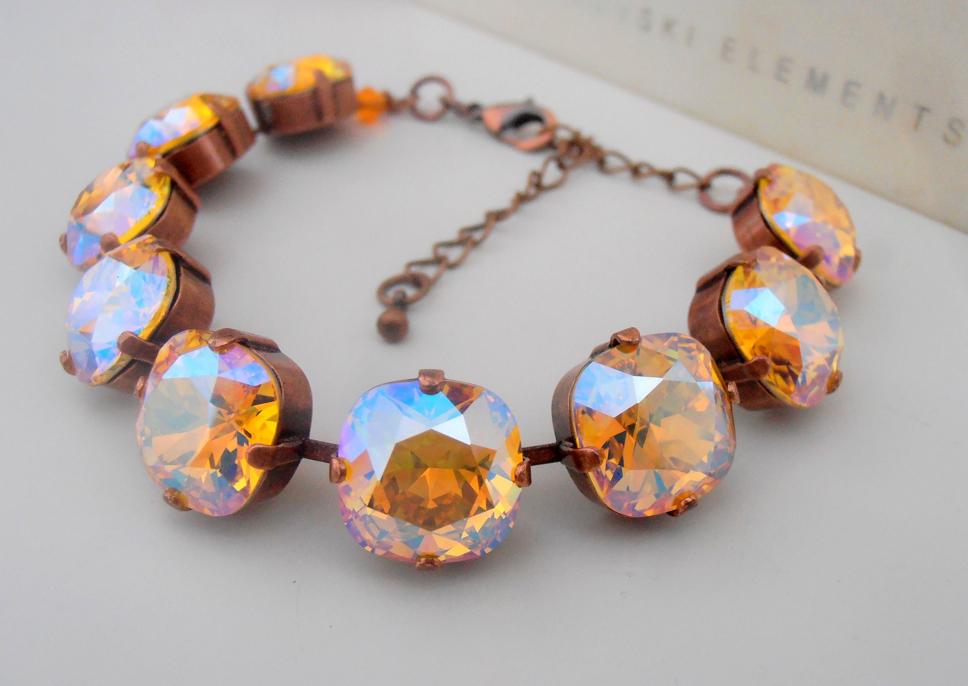 Topaz shimmer Cushion Cut Statement Bracelet 4470, Tennis Cup chain, Antique Copper Jewelry, Shimmer Yellow Crystals 12mm, Birthday Gift