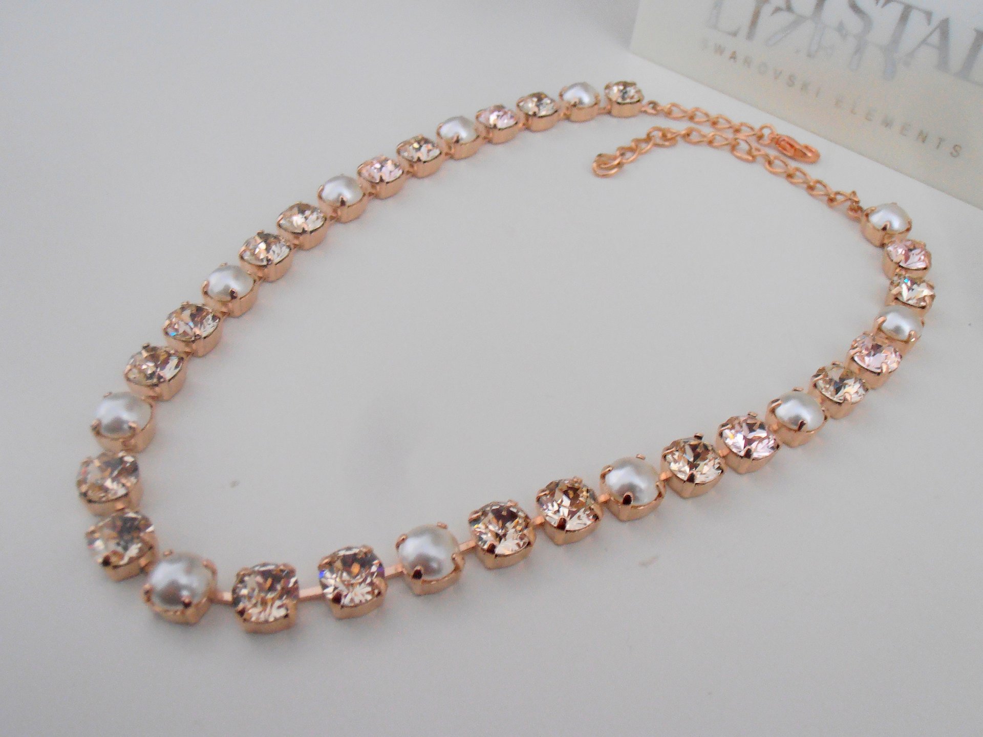 Rose Gold Pearl Graduate Crystal Necklace, Bridal Tennis Choker, Jewelry for Wedding day, Wife Anniversary Gift, Cup chain Collet