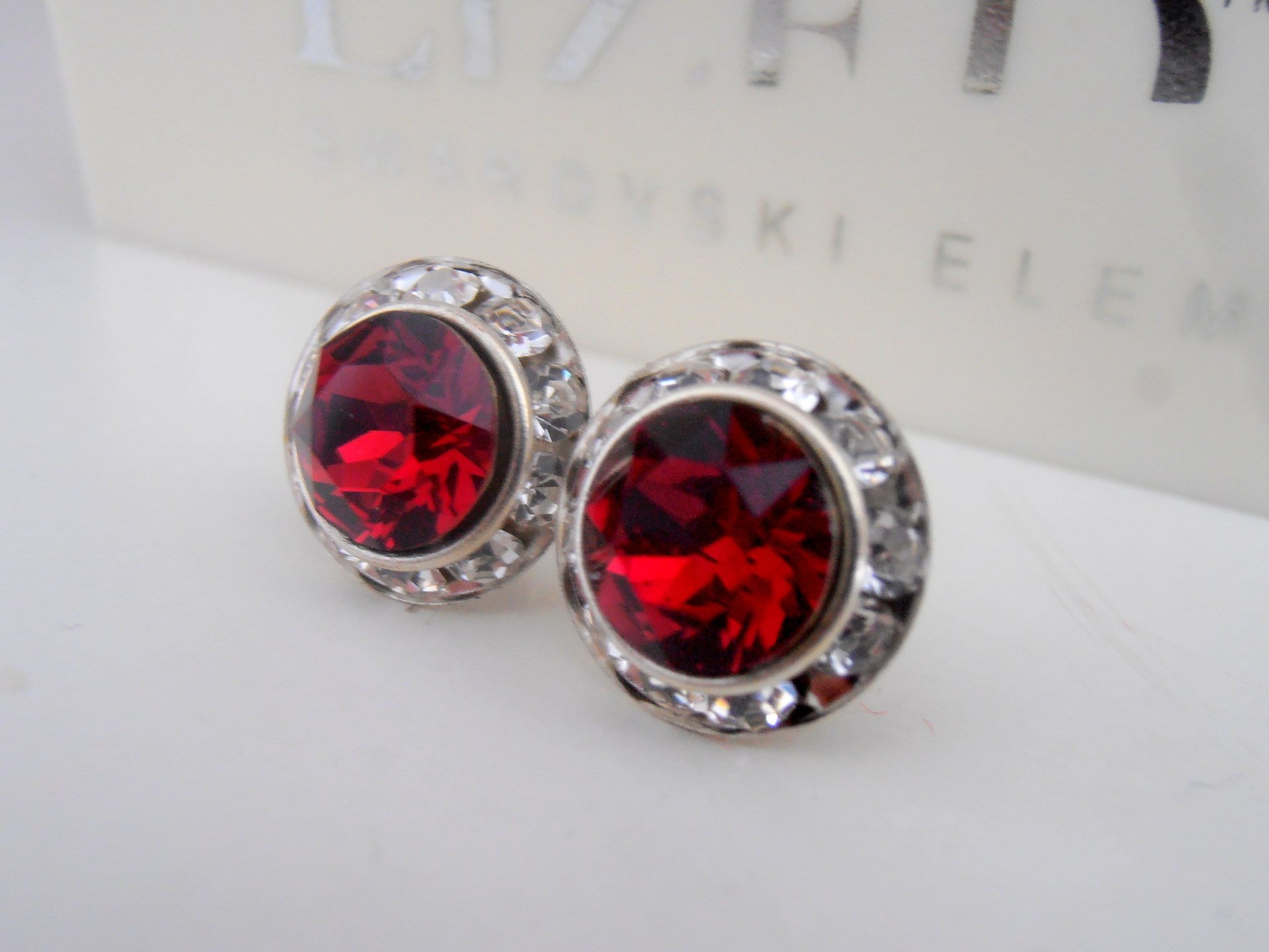 Ruby Halo Stud Earrings, Faceted Red Crystals, Wedding Jewelry, Girlfriend Anniversary Gift