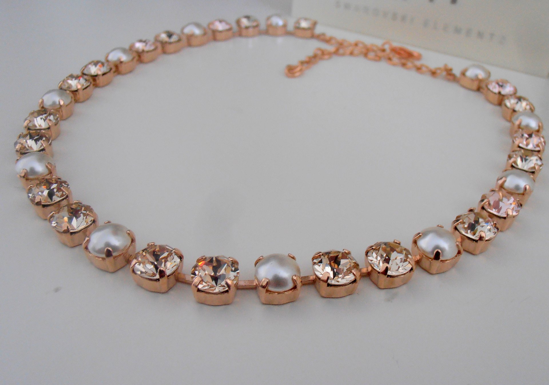 Rose Gold Pearl Graduate Crystal Necklace, Bridal Tennis Choker, Jewelry for Wedding day, Wife Anniversary Gift, Cup chain Collet