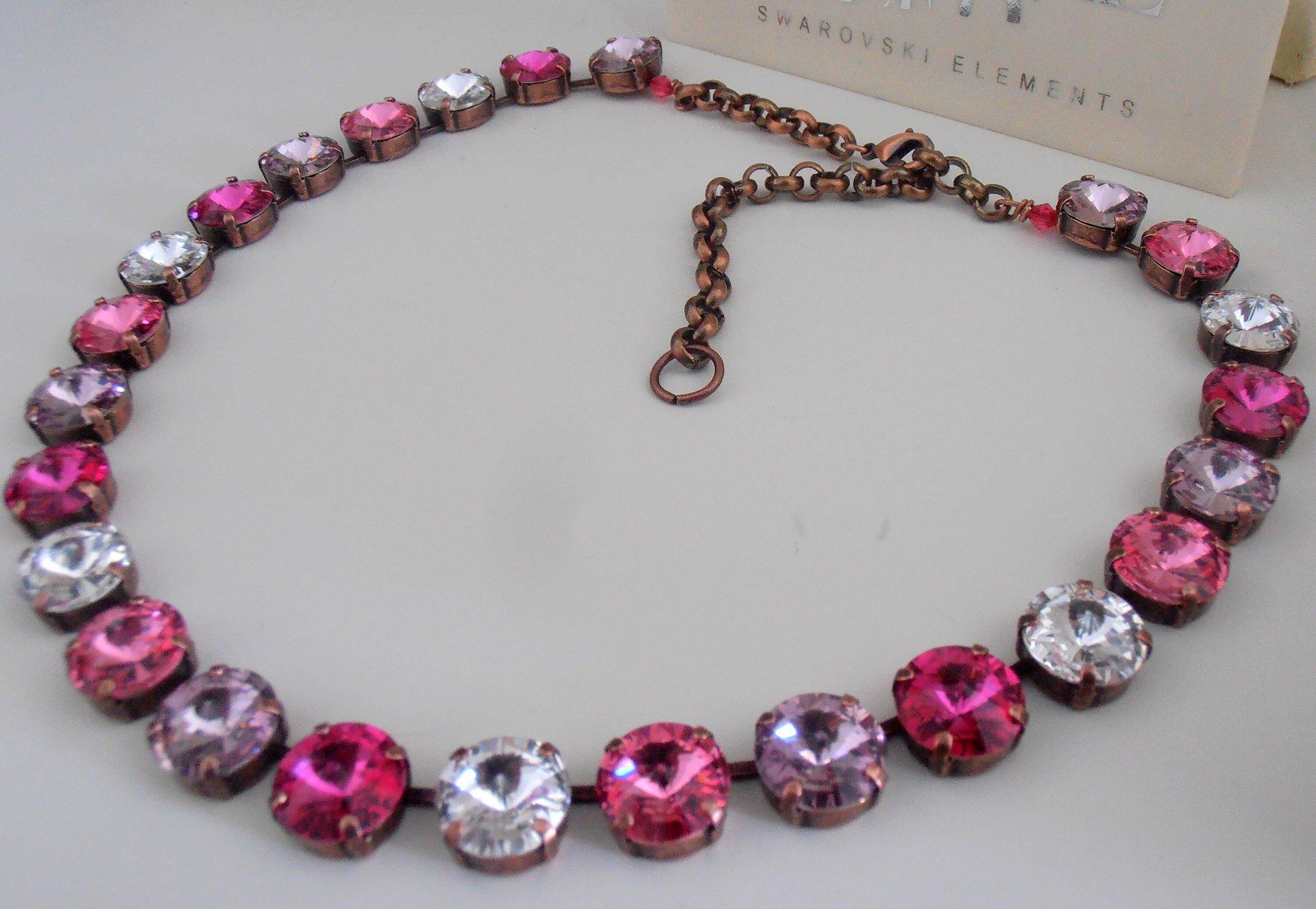 Anna Wintour Necklace, Double Strand, Fuchsia Rivoli Multi-colors, Antique Copper Jewelry, Bib Tennis Collet, Women Crystal Choker