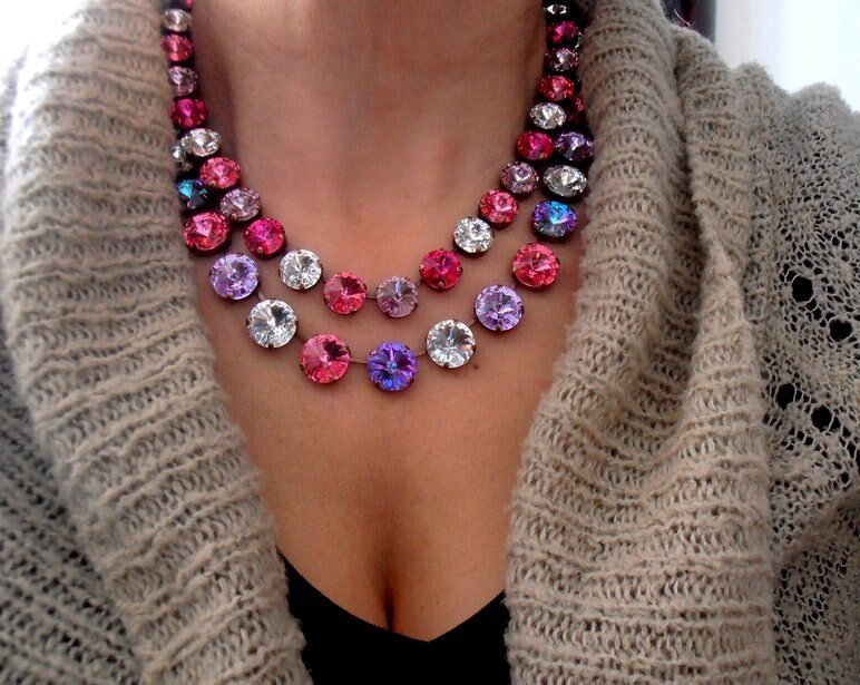 Anna Wintour Necklace, Double Strand, Fuchsia Rivoli Multi-colors, Antique Copper Jewelry, Bib Tennis Collet, Women Crystal Choker