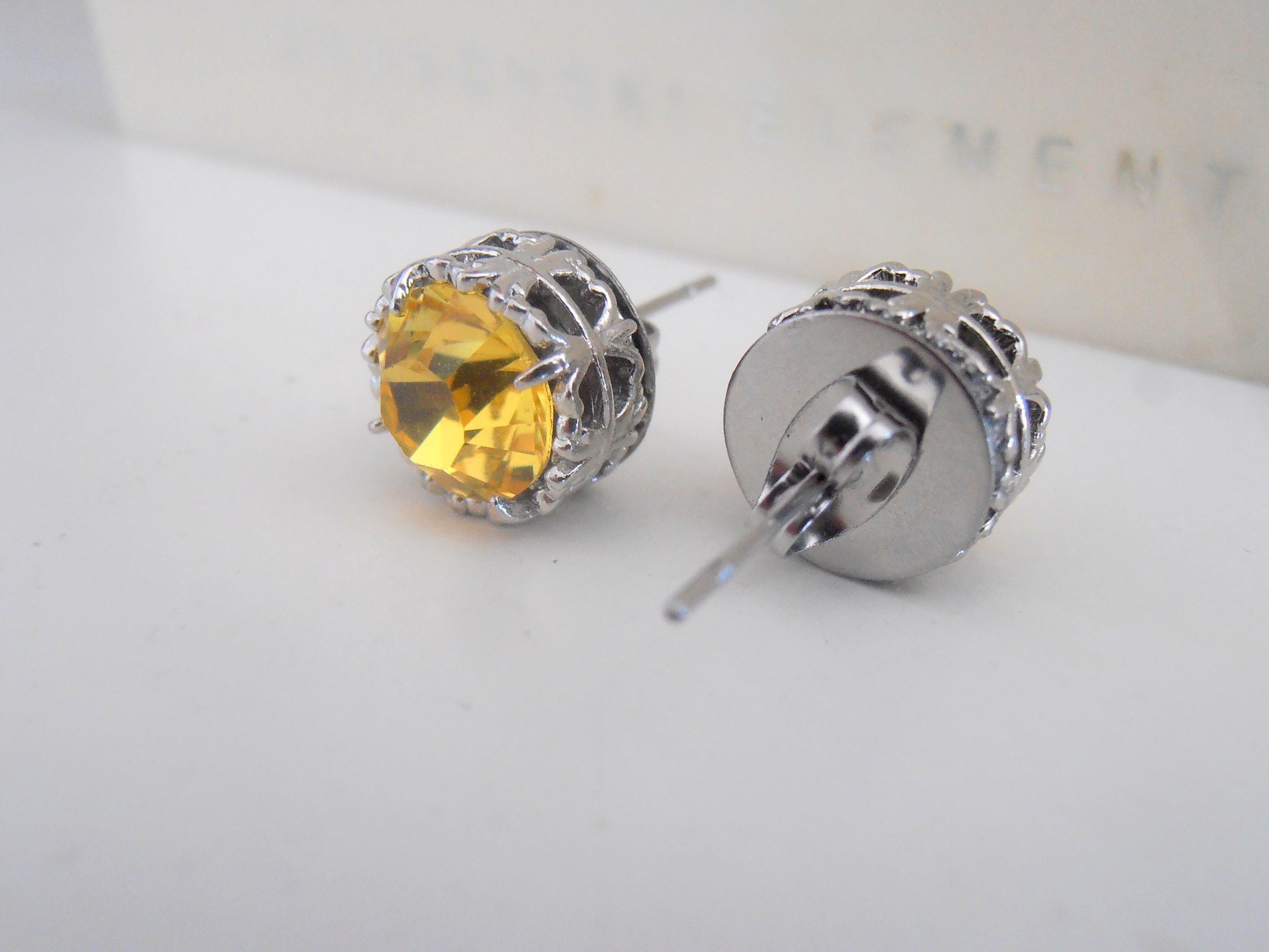 Light Topaz Stud Earrings / Art Deco Surgical steel Jewelry / Yellow Crystal Pierced Platinum Post / Women's Birthday Gift