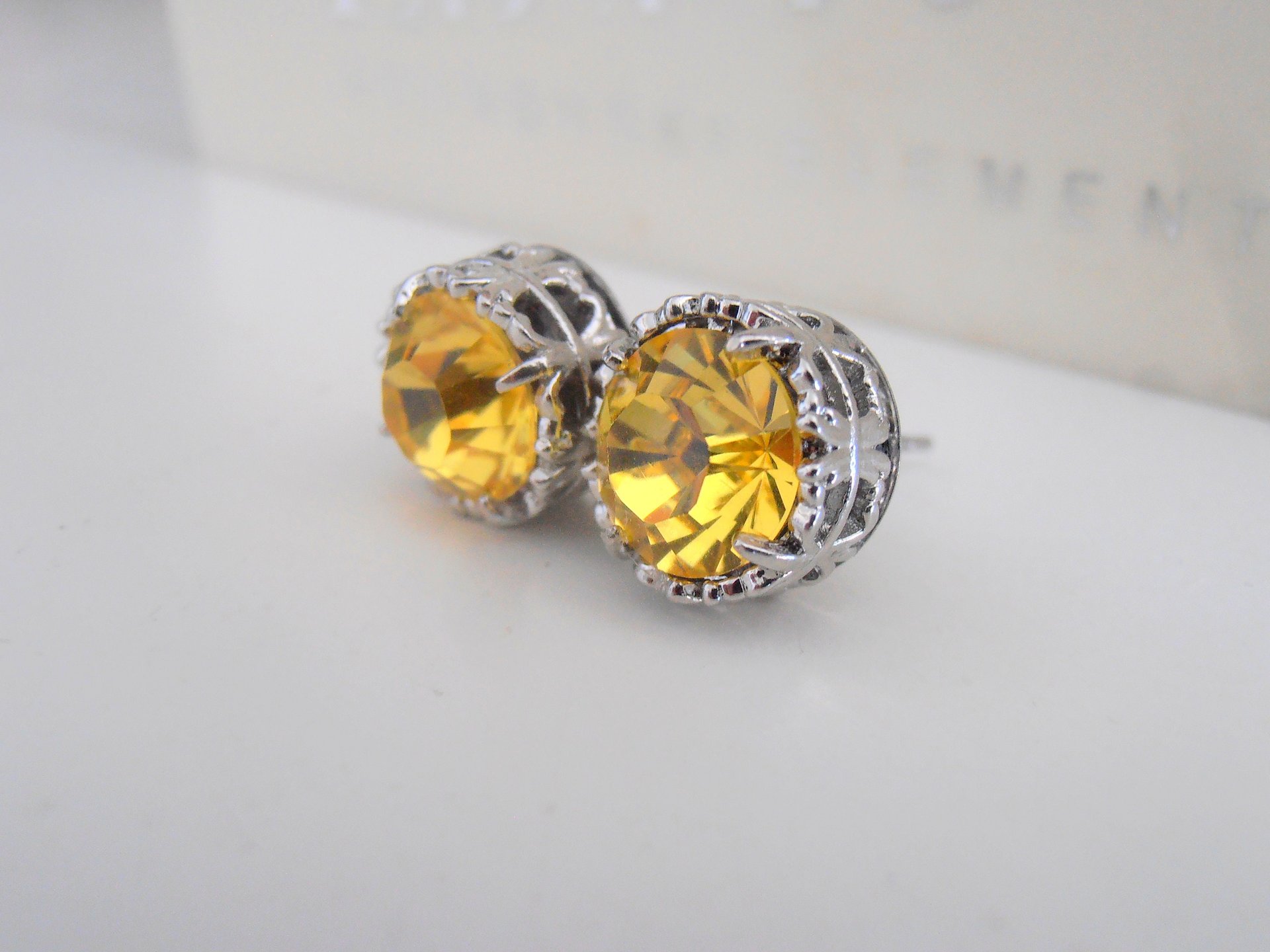 Light Topaz Stud Earrings / Art Deco Surgical steel Jewelry / Yellow Crystal Pierced Platinum Post / Women's Birthday Gift