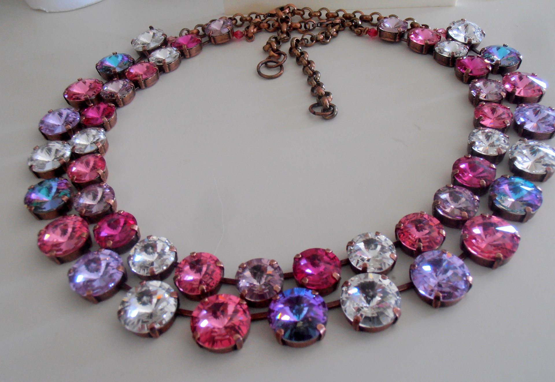 Anna Wintour Necklace, Double Strand, Fuchsia Rivoli Multi-colors, Antique Copper Jewelry, Bib Tennis Collet, Women Crystal Choker