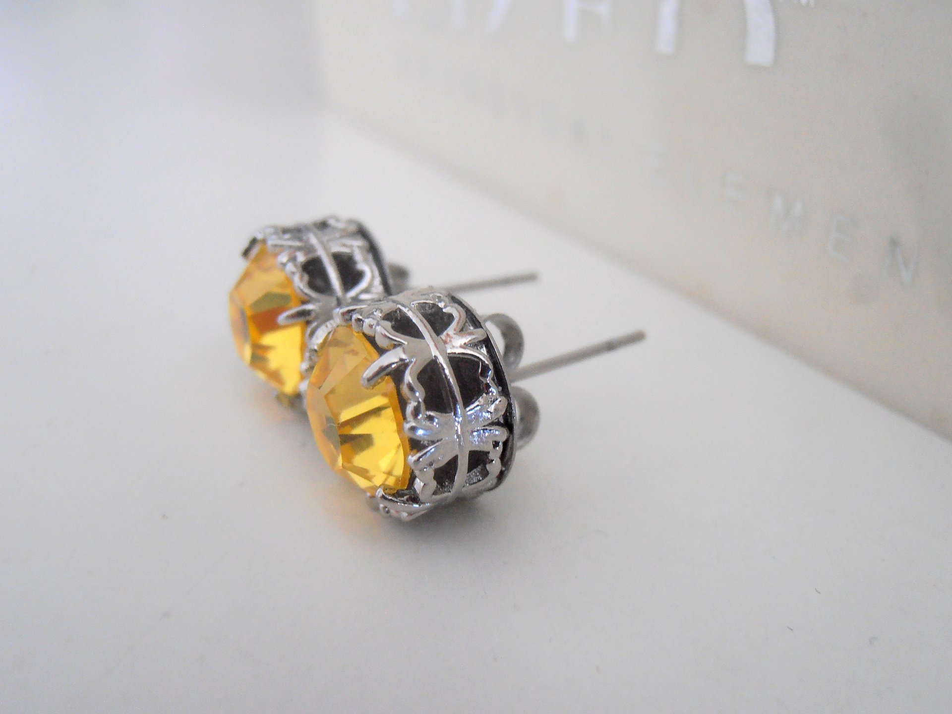 Light Topaz Stud Earrings / Art Deco Surgical steel Jewelry / Yellow Crystal Pierced Platinum Post / Women's Birthday Gift