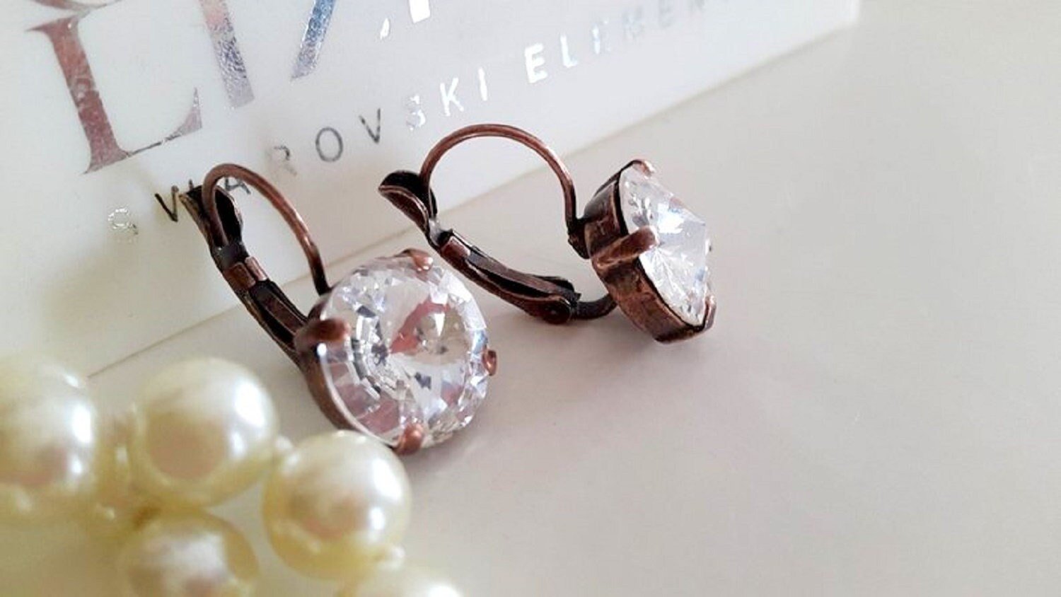 Crystal Clear Rivoli Lever back Earrings in Antique Copper