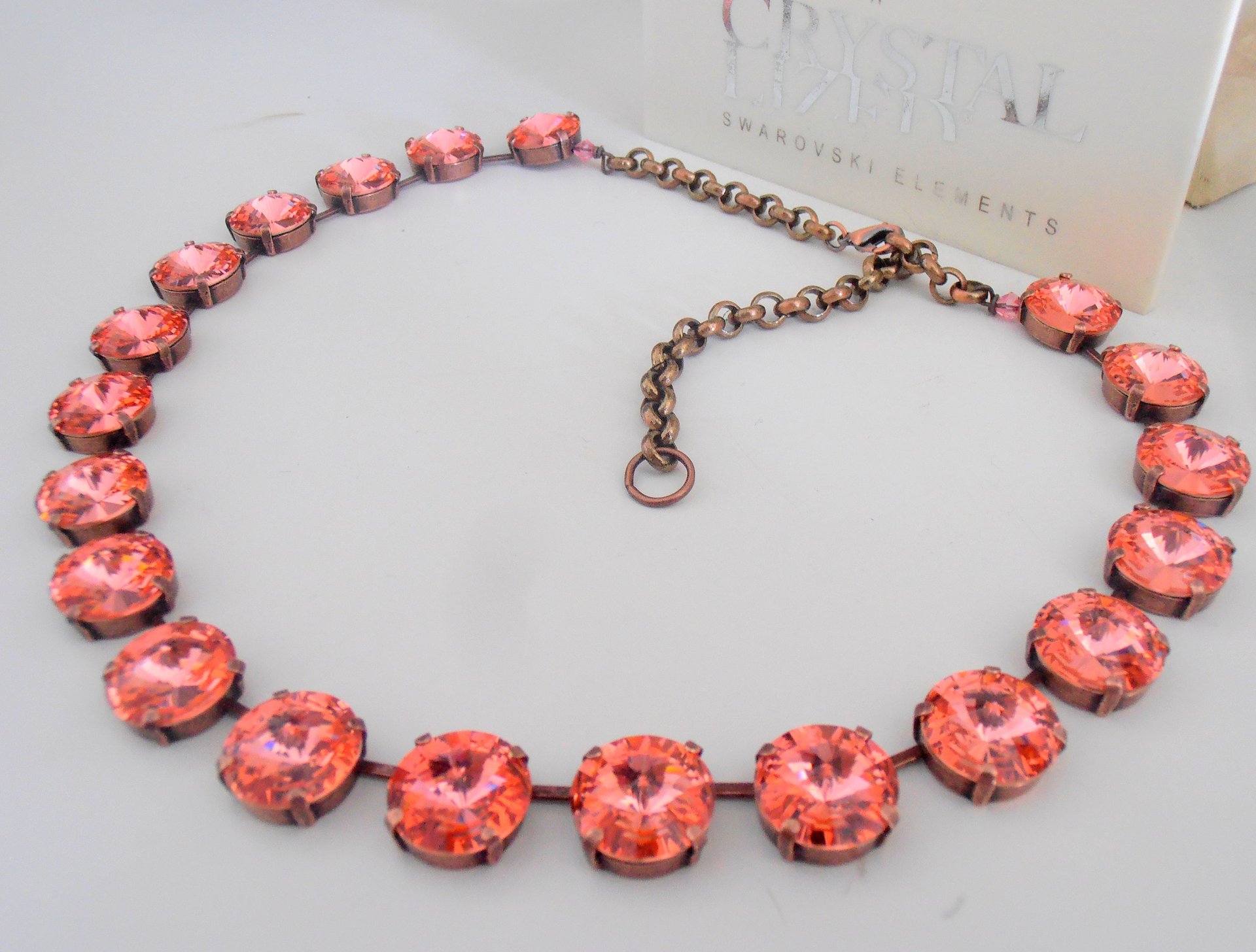 Peach Rose Tennis Crystal Necklace, Anna Wintour Choker, Statement Copper Jewelry, 14mm Antique Cup chain 1122, Woman Gift