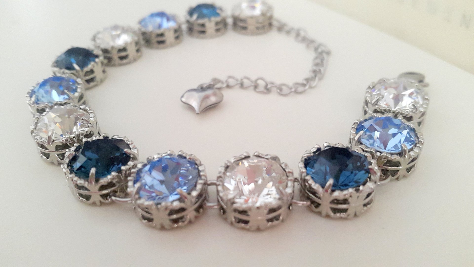 Blue Multi Colors Crystal Choker, Art Deco Platinum Jewelry, 30th Anniversary Gift