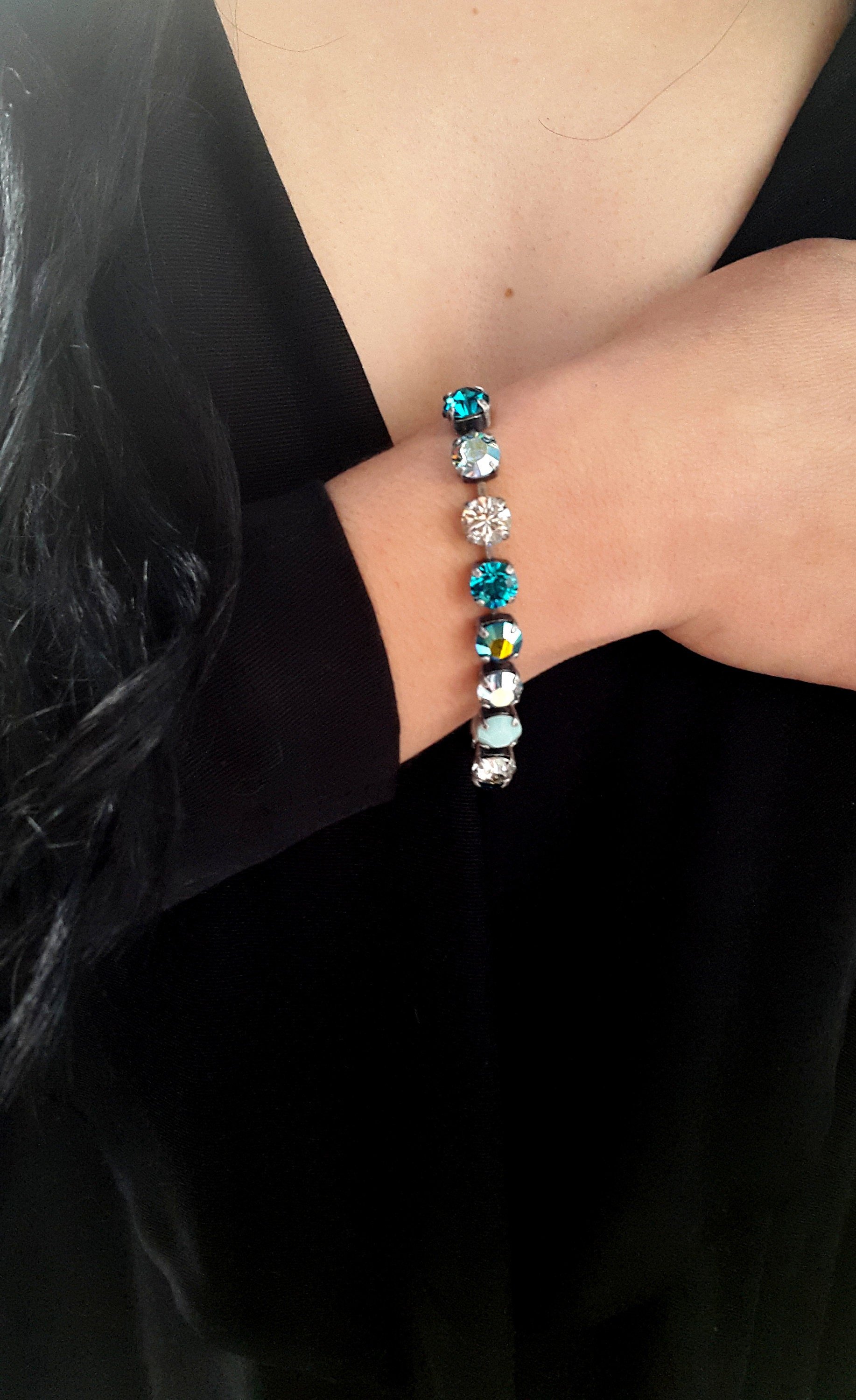 Mint/Blue Multi-colors Crystal Bracelet, Tennis Cup chain, Georgian jewelry, Antique Silver, Women Gift