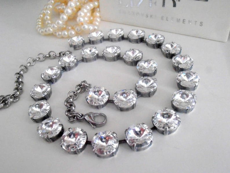 Crystal Clear Rivoli Tennis Necklace Anna Wintour Collet Silver Modern Jewelry Set for Wedding Day Bridesmaid Choker for Women Gifts