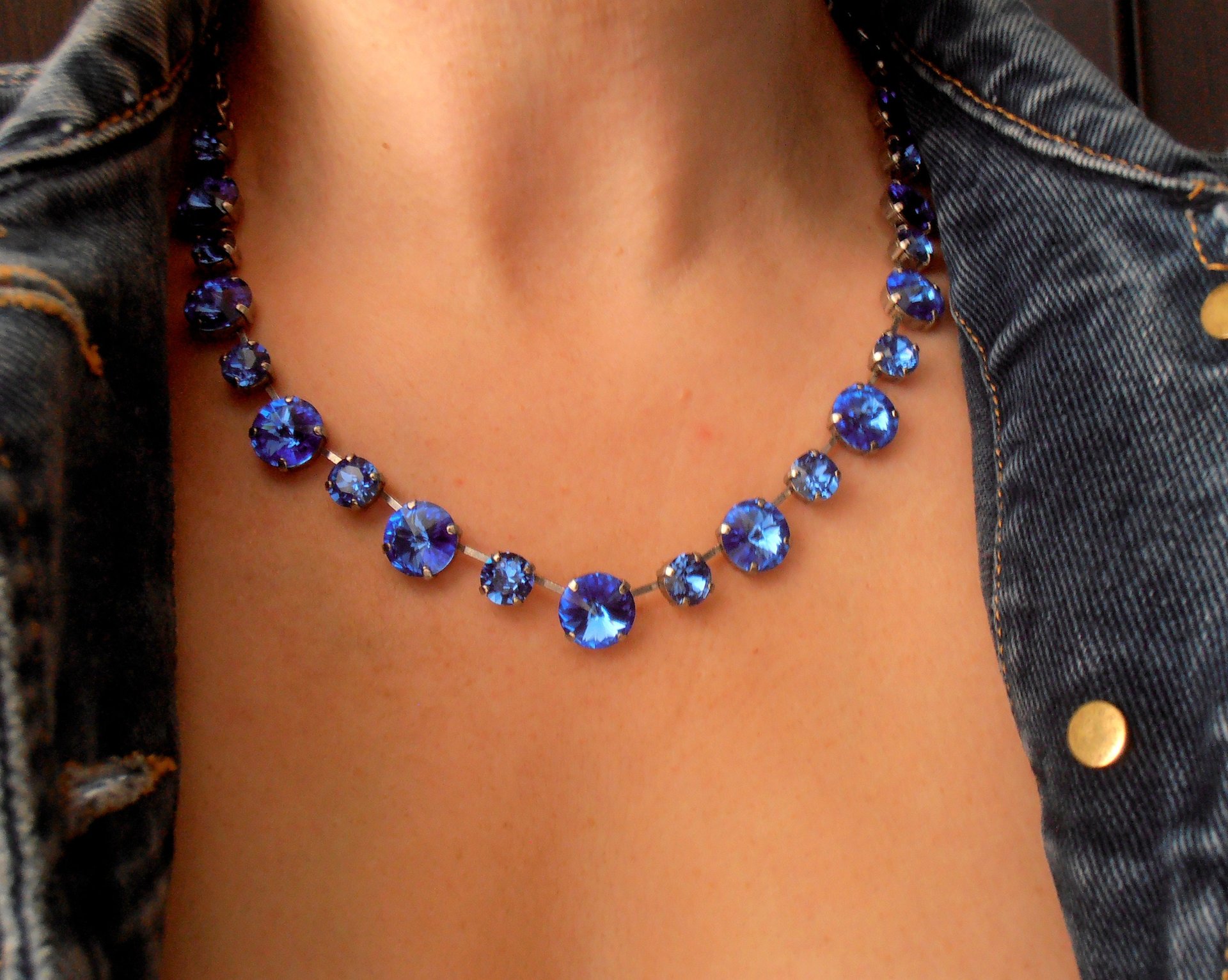 Sapphire Rhinestone Rivoli Necklace / Anna Wintour Choker / Crystal Collet / Antique silver Jewelry / Birthday Gift