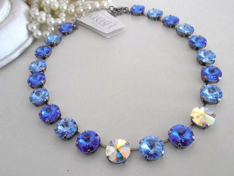 Sapphire Rhinestone Rivoli Necklace / Anna Wintour Choker / Crystal Collet / Antique silver Jewelry / Birthday Gift