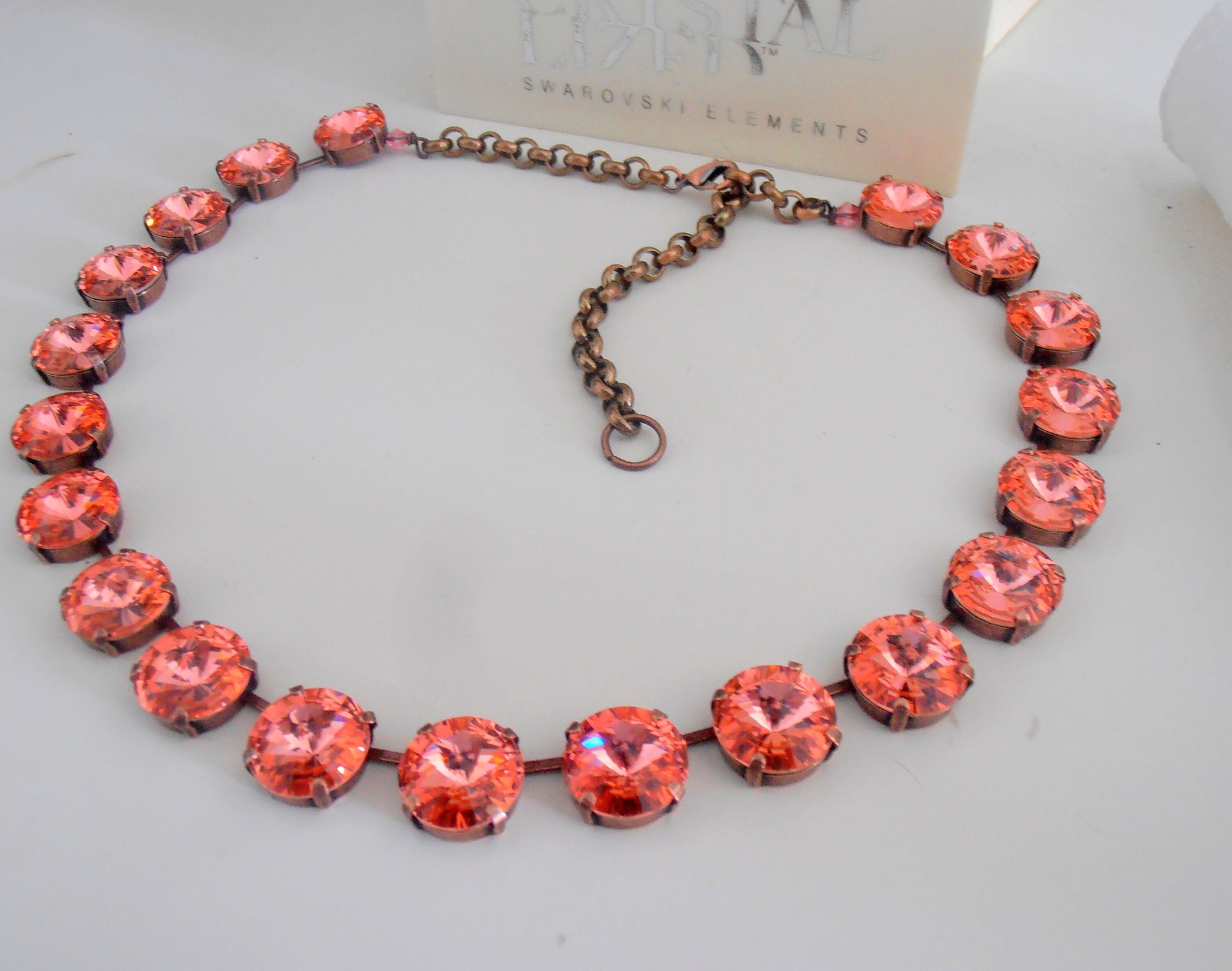 Peach Rose Tennis Crystal Necklace, Anna Wintour Choker, Statement Copper Jewelry, 14mm Antique Cup chain 1122, Woman Gift