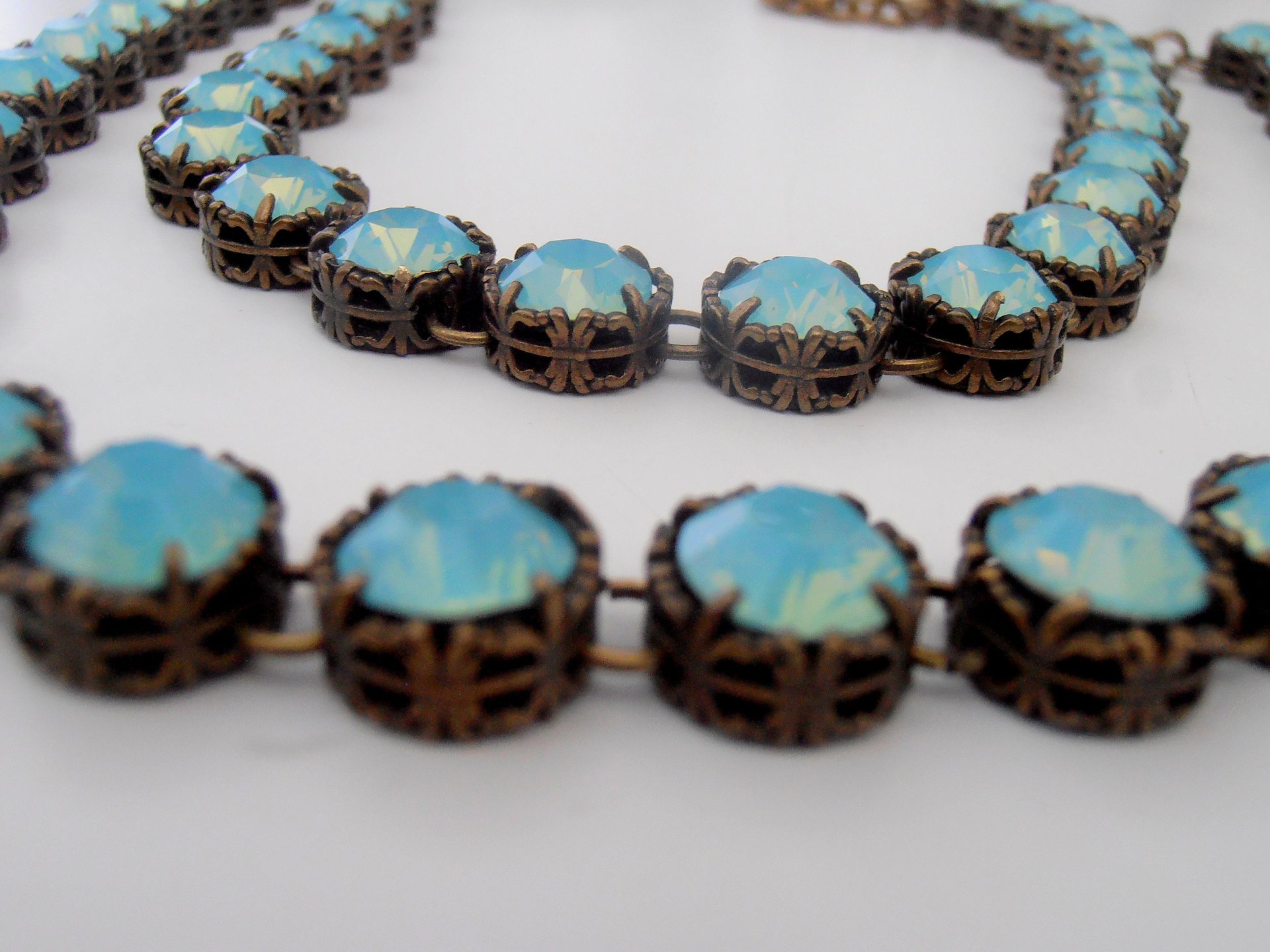 Pacific Opal Double Strand Crystal Necklace, Georgian Collet, Art Deco Two Tier, Antique Bronze Jewelry, Birthday Gift