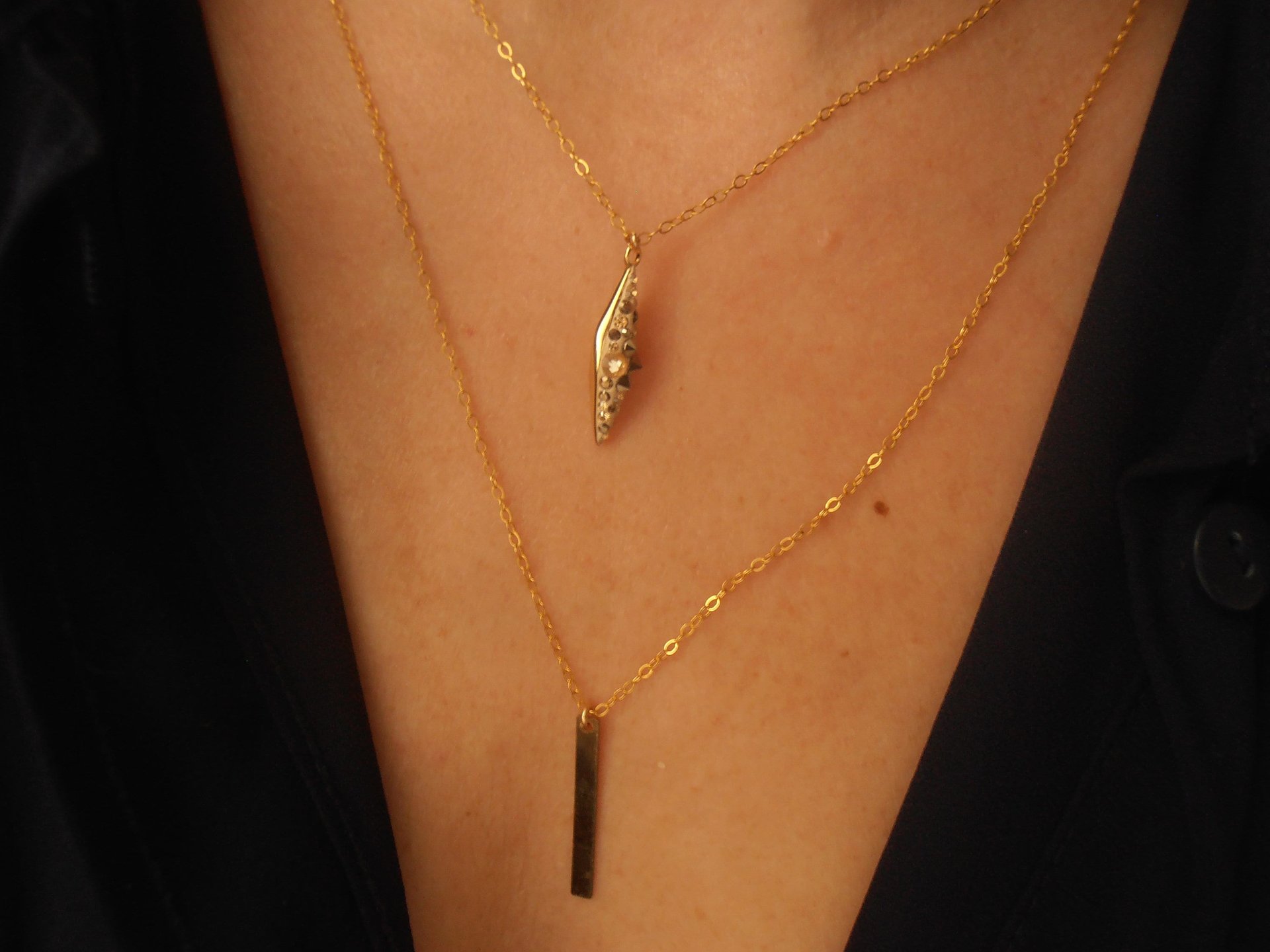 Gold Filled Long Vertical Bar Necklace / Minimalist Pave Pendant / Dainty Layering Jewelry / Birthday Prom Gift for Woman