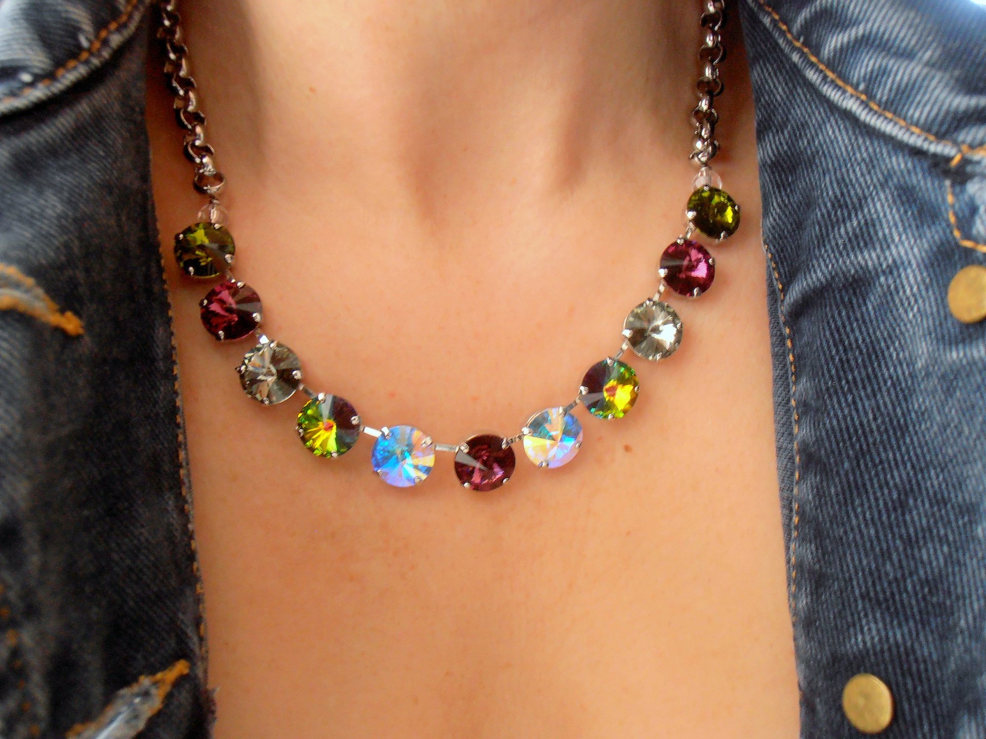 Multi-colors Crystal Necklace made with Rivoli Crystals, Collet Choker, Women Statement Jewelry, Girls Birthday gift, Prom