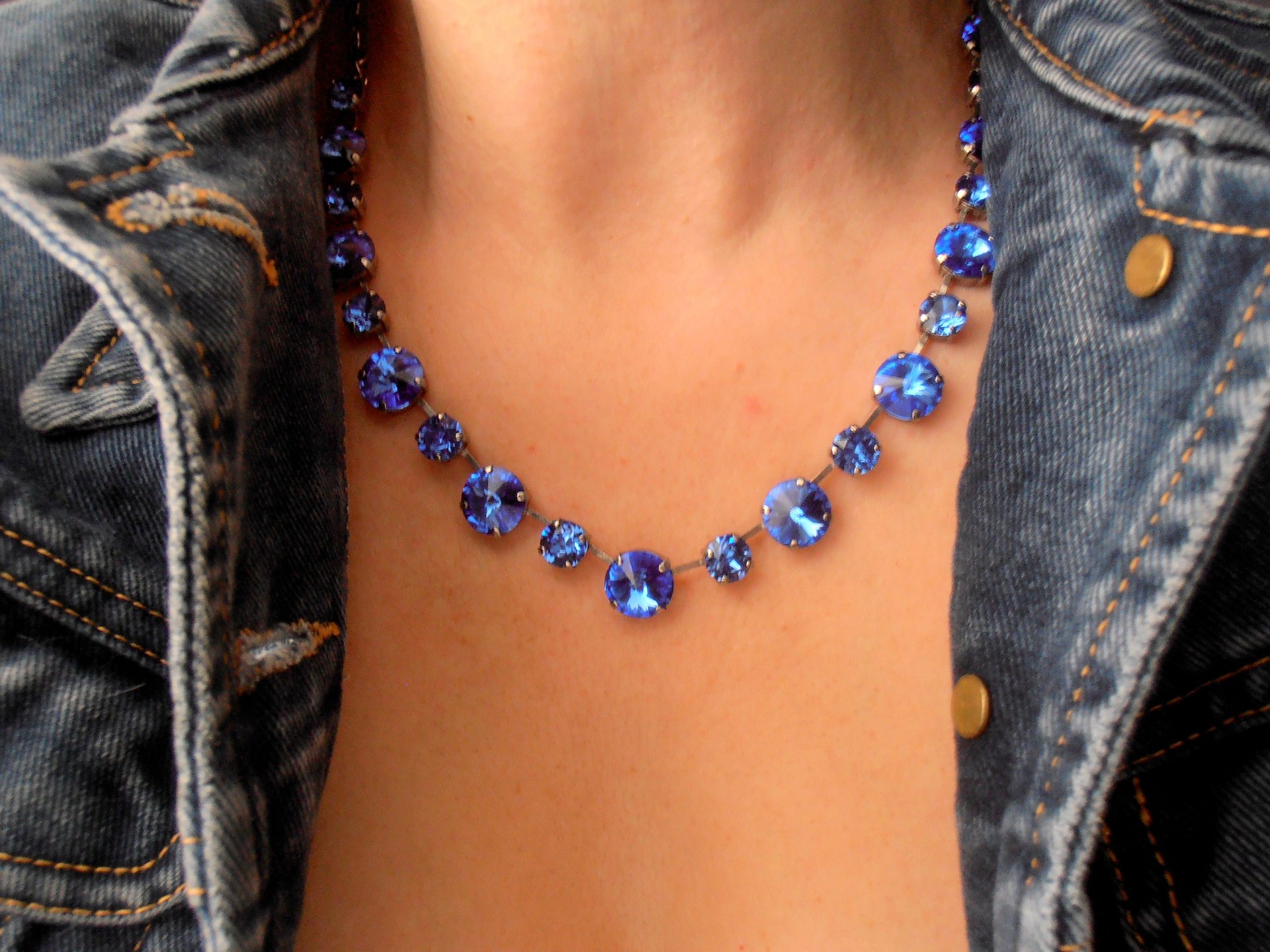 Sapphire Rhinestone Rivoli Necklace / Anna Wintour Choker / Crystal Collet / Antique silver Jewelry / Birthday Gift