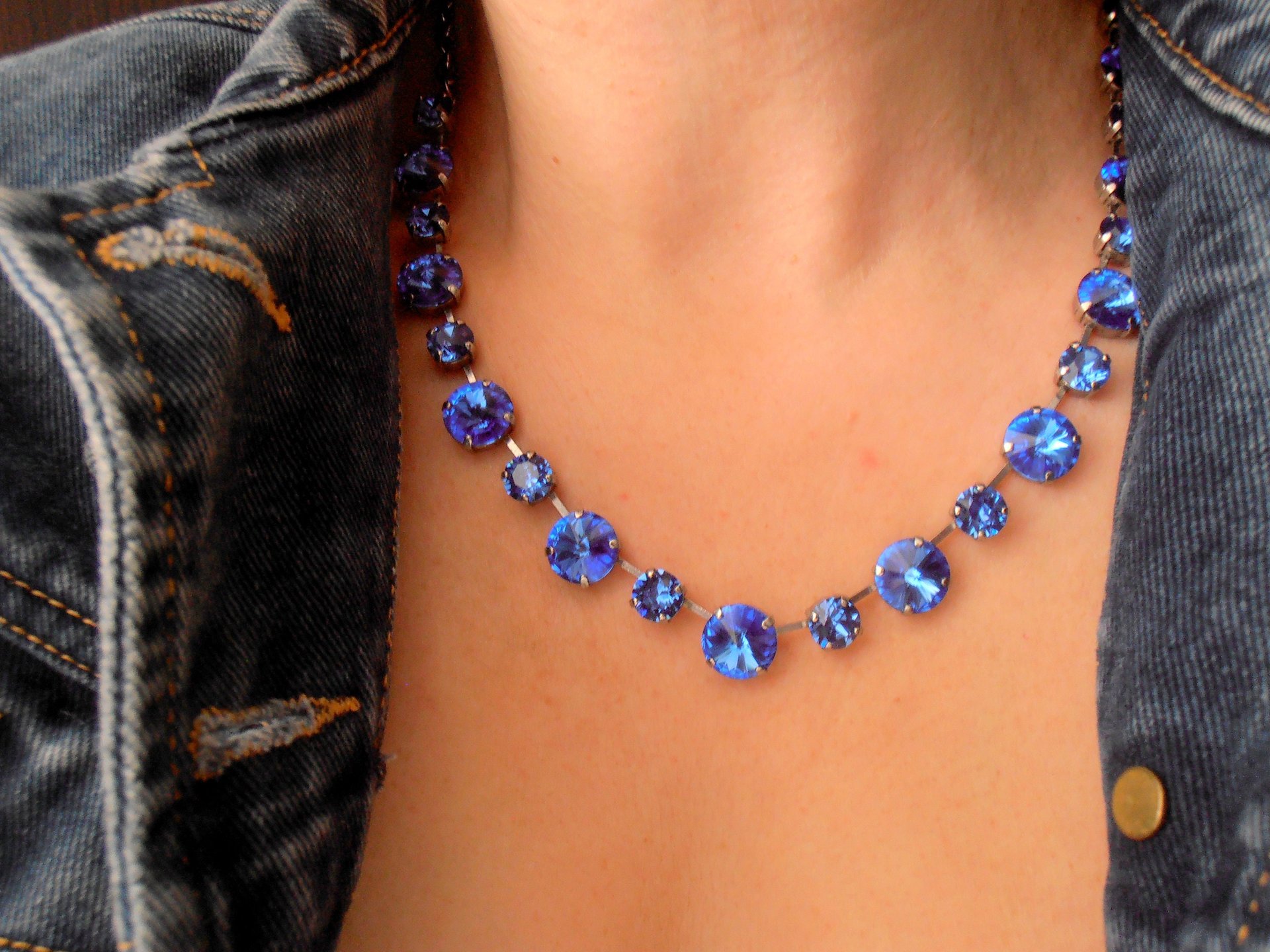 Sapphire Rhinestone Rivoli Necklace / Anna Wintour Choker / Crystal Collet / Antique silver Jewelry / Birthday Gift