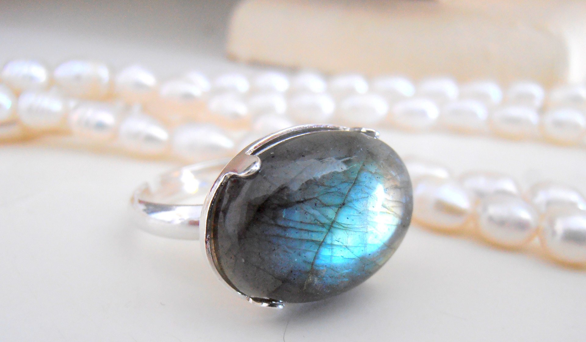 Natural Labradorite Sterling Silver Adjustable Ring 925 / Blue Gemstone Jewelry / Oval 13x18mm Gray Stone / Statement Mother's Day Gift