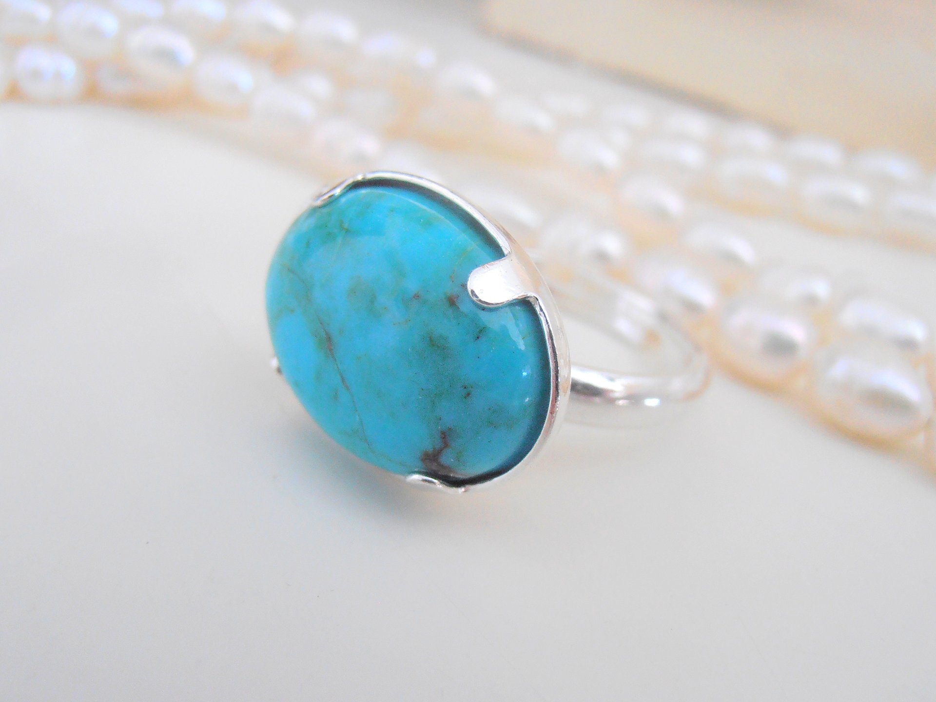 Turquoise Stone Ring / Sterling Silver Adjustable Ring / Blue Gemstone Jewelry / Oval 13x18mm / Summer Stackable Ring / Birthday Gift