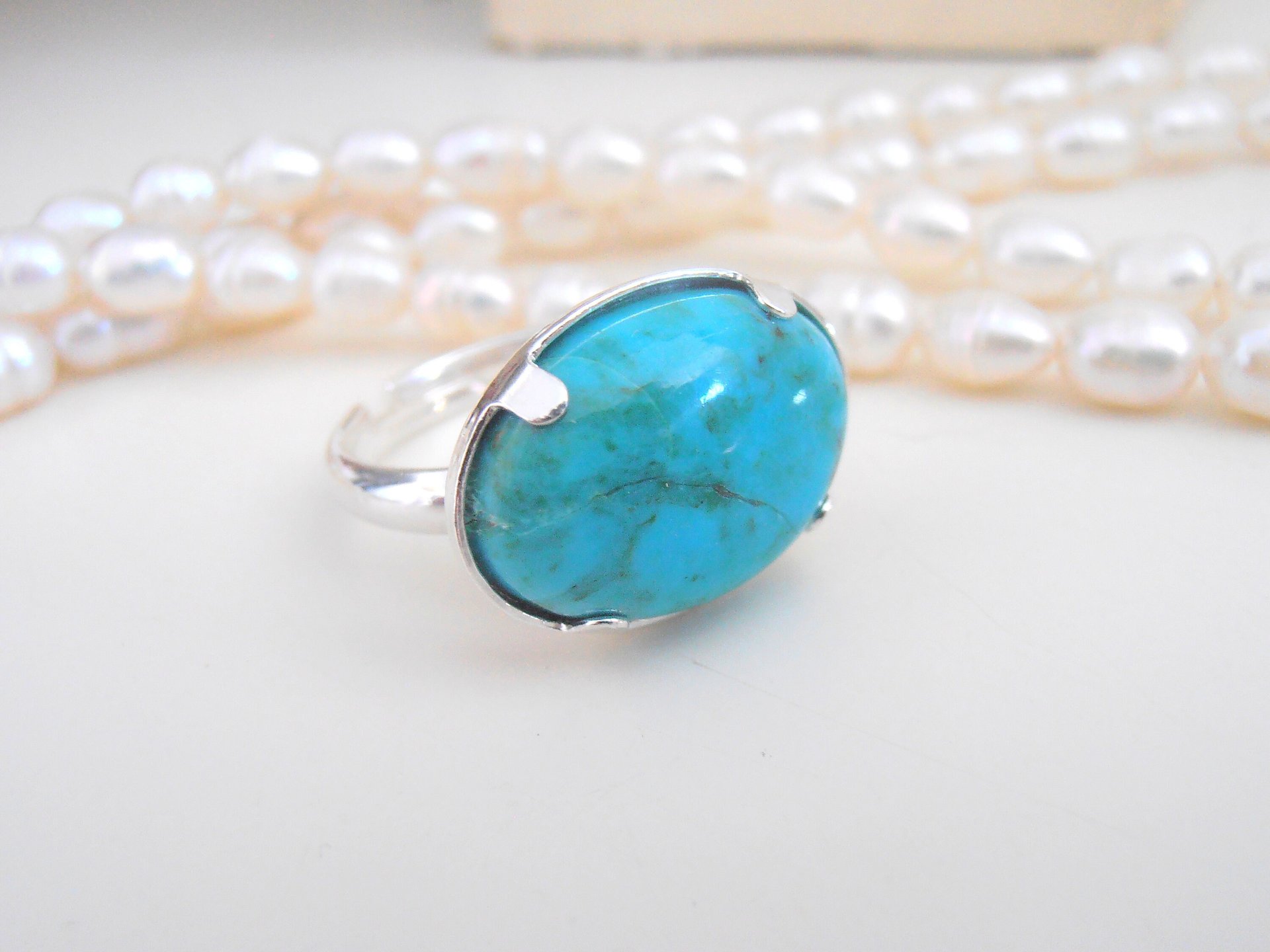 Turquoise Stone Ring / Sterling Silver Adjustable Ring / Blue Gemstone Jewelry / Oval 13x18mm / Summer Stackable Ring / Birthday Gift