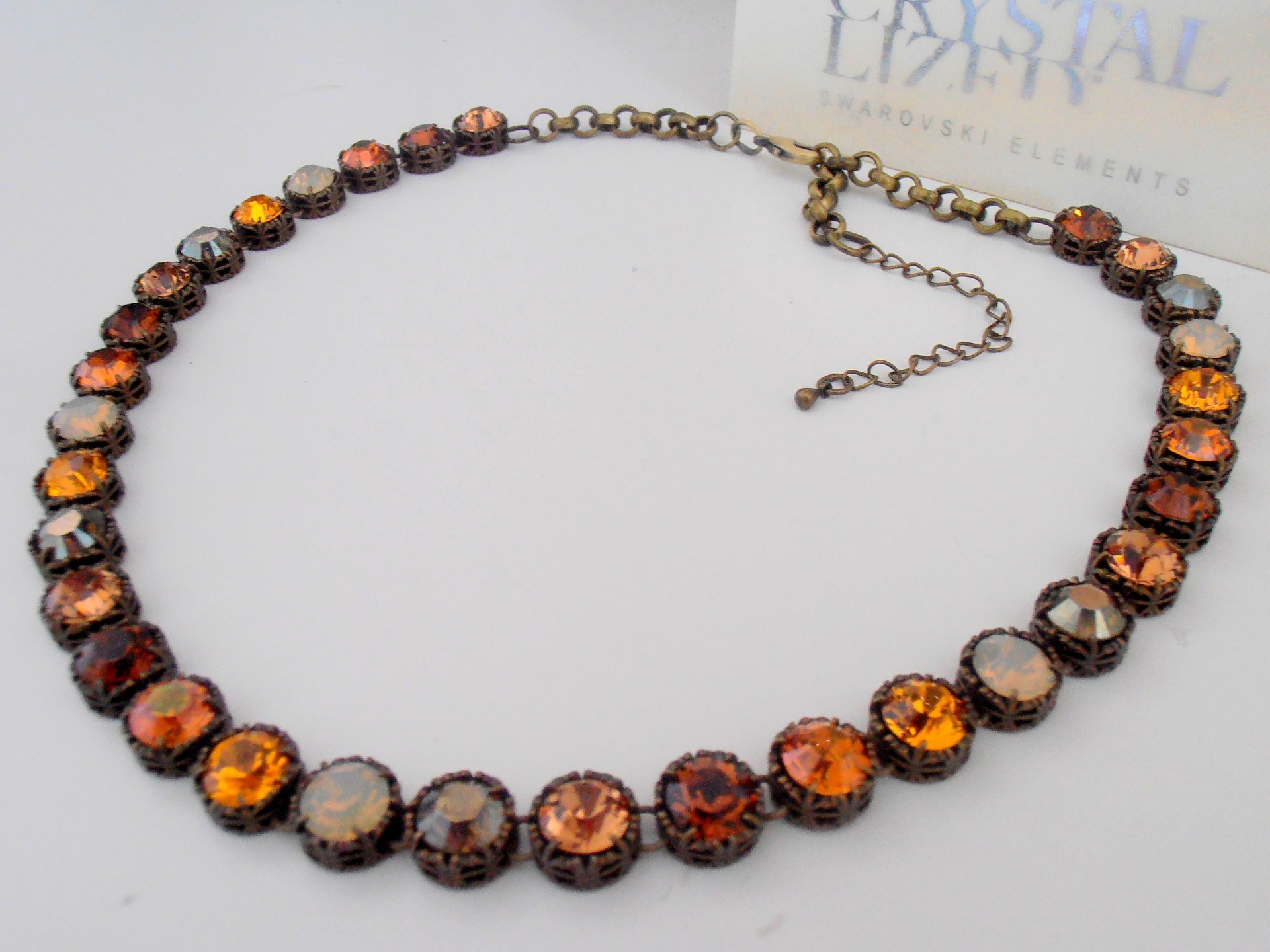 Brown Multicolors Bronze Crystal Necklace, Women Art Deco Jewelry, Filigree Choker, Valentine's day Gift