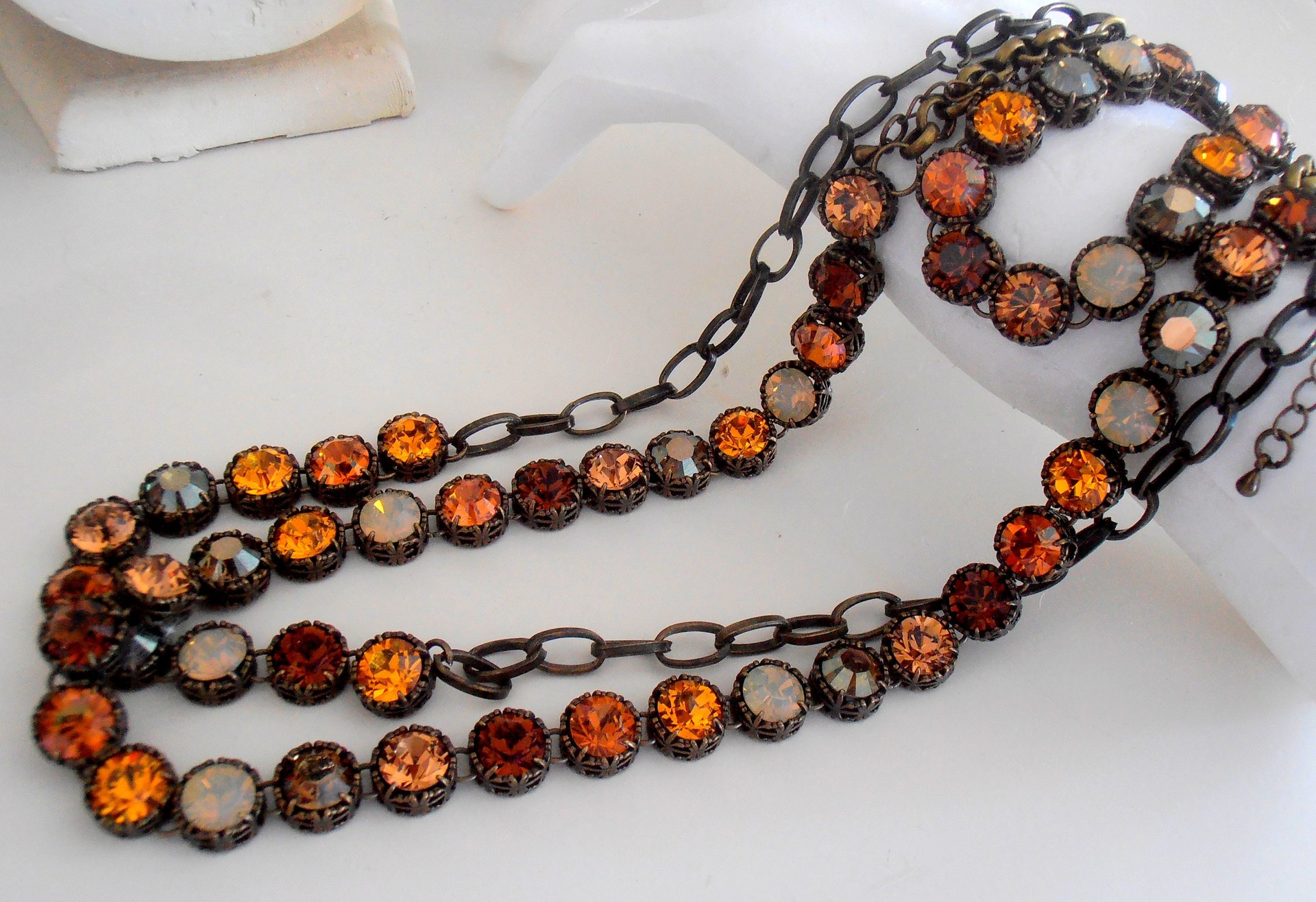 Brown Multicolors Bronze Crystal Necklace, Women Art Deco Jewelry, Filigree Choker, Valentine's day Gift