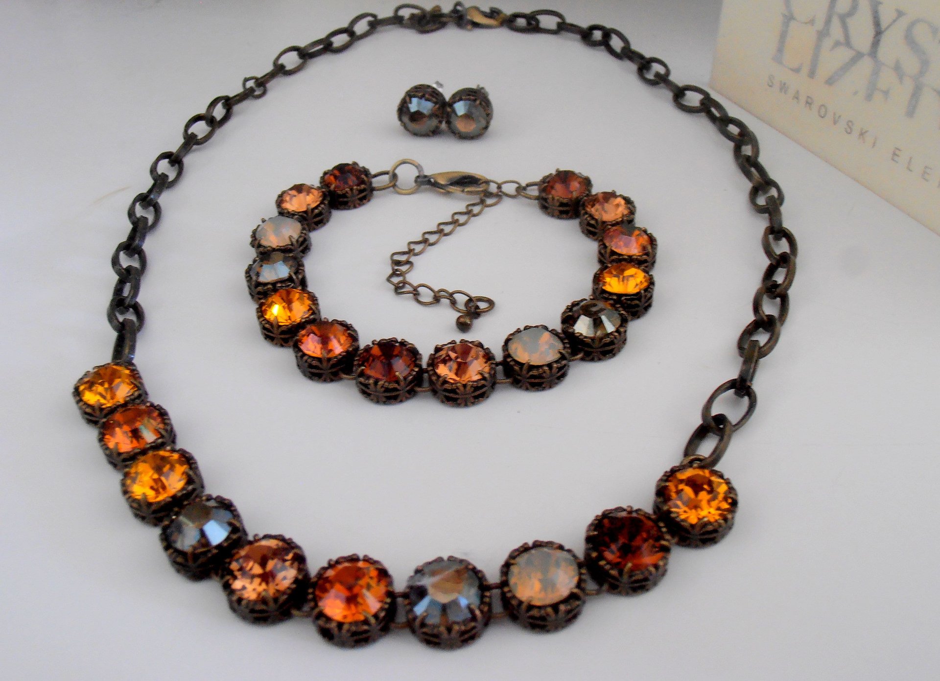 Brown Multicolors Art deco Style Necklace, Bronze Jewelry, Antique Crystal Choker, Round Filigree Round, Women Christmas Gift