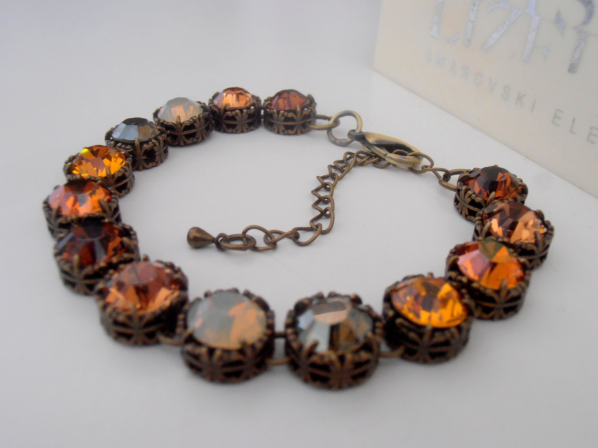 Brown Multicolors Filigree Bracelet made with Crystal Chatons / Antique Bronze Art Deco Jewelry / Round 10mm / Birthday Gift