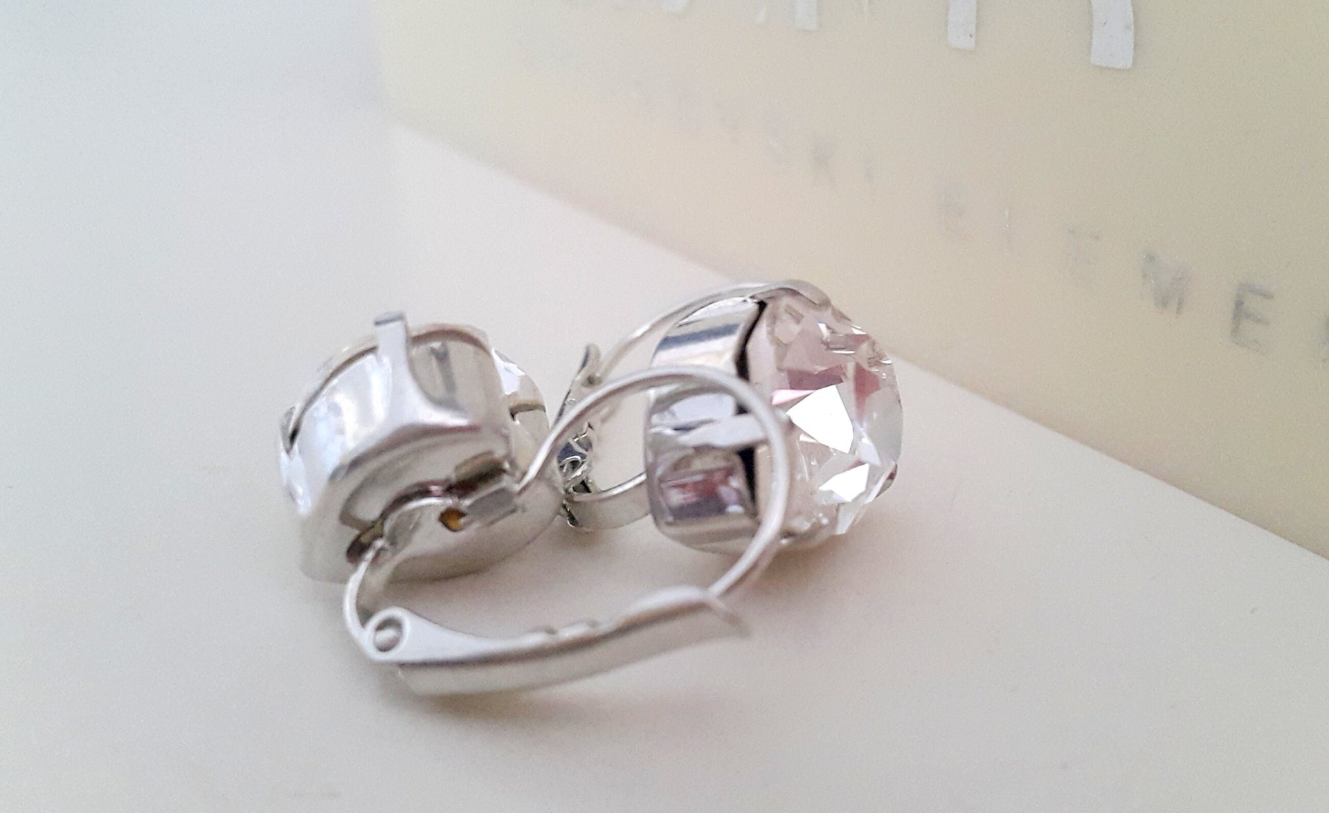 Diamond Clear Heart Earrings with Fancy Cut Crystals / Valentine's Day Gift / Drop Lever-back Silver Setting 11x10mm