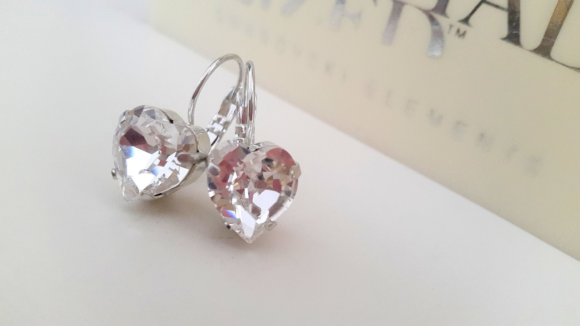 Diamond Clear Heart Earrings with Fancy Cut Crystals / Valentine's Day Gift / Drop Lever-back Silver Setting 11x10mm