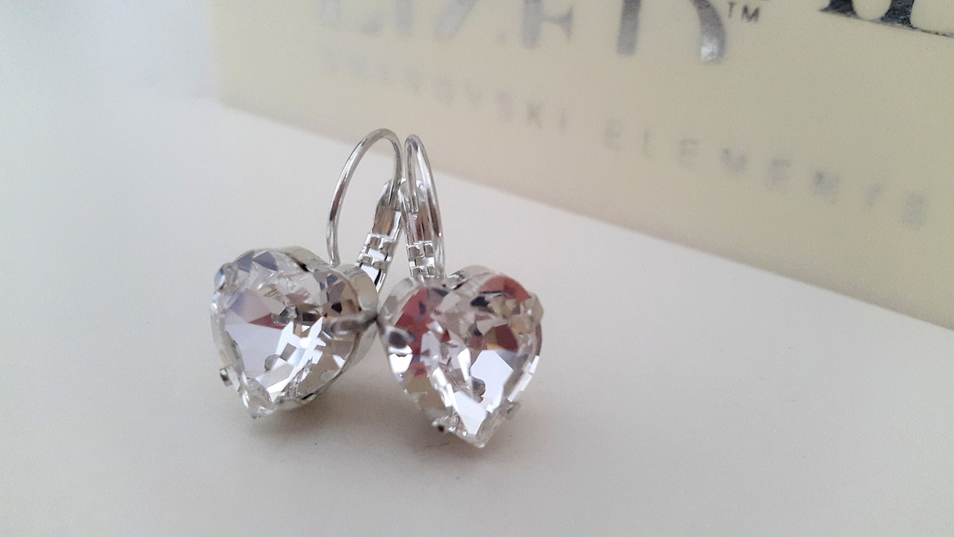 Diamond Clear Heart Earrings with Fancy Cut Crystals / Valentine's Day Gift / Drop Lever-back Silver Setting 11x10mm