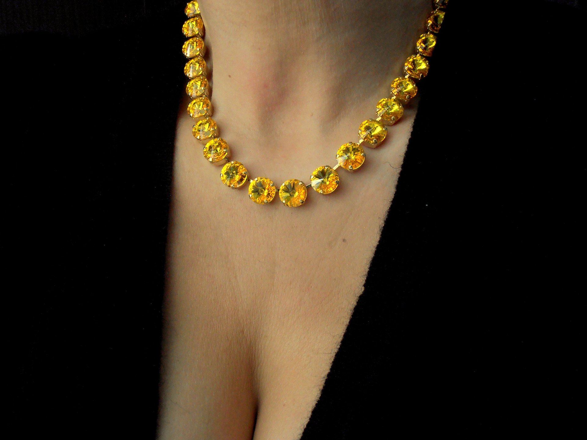 Citrine Rivoli Crystal Necklace Handmade, Anna Wintour Gold Collet, Yellow Tennis Choker, Women statement Jewelry