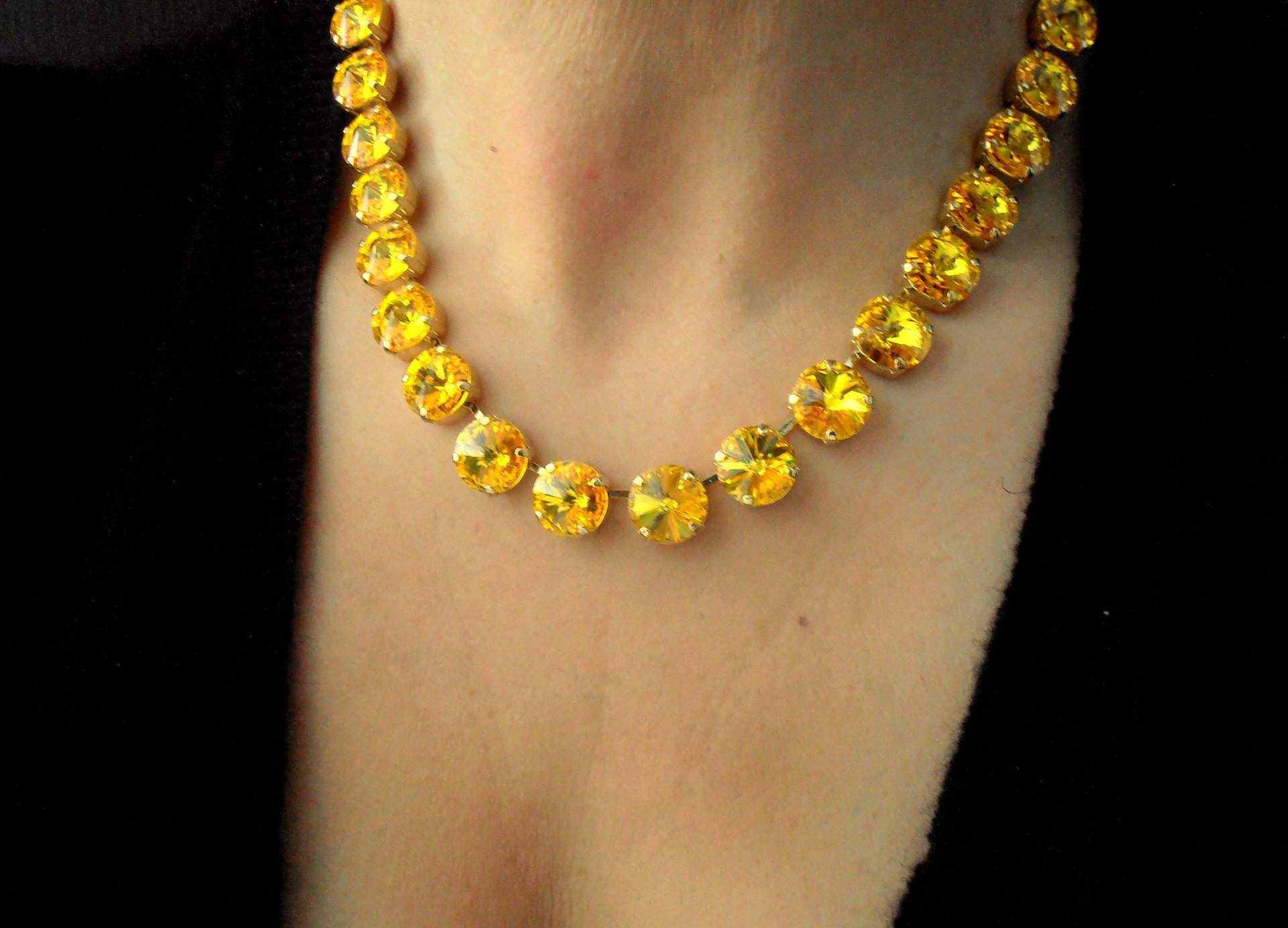 Citrine Rivoli Crystal Necklace Handmade, Anna Wintour Gold Collet, Yellow Tennis Choker, Women statement Jewelry