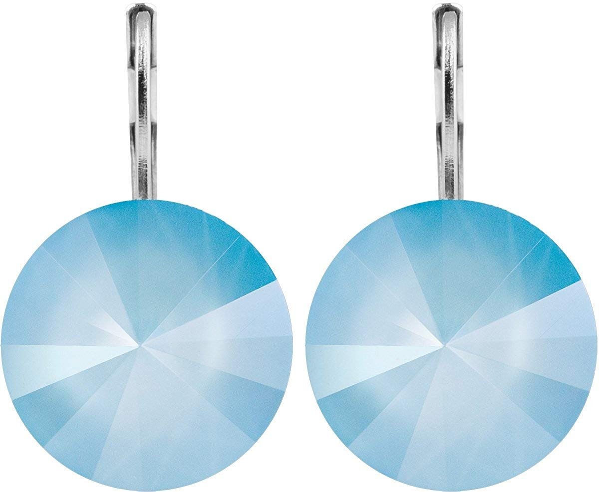 Summer Blue Lacquer Drop Crystal Rivoli Earrings 12mm 1122, Mother's Day Gift, Stainless Steel Round Lever back, Gift for Girlfriend