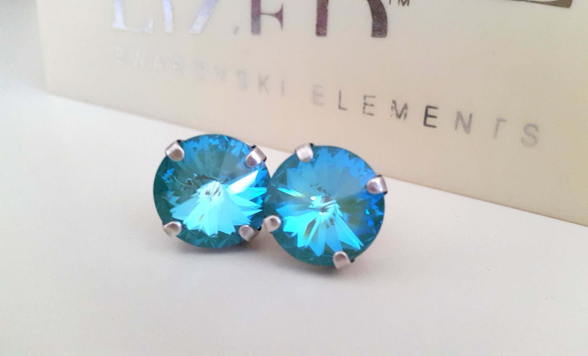 Crystal Laguna DeLite Stud Earrings Rivoli Crystals 12mm / Antique Silver Jewelry / Blue Pierced Post