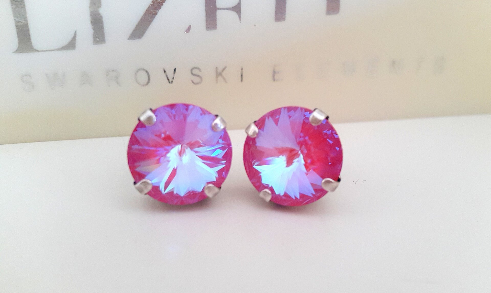 Lotus Pink DeLite Crystal Rivoli Stud Earrings 12mm, Antique Silver Jewelry, Mum Christmas Gift, Pierced Post Setting