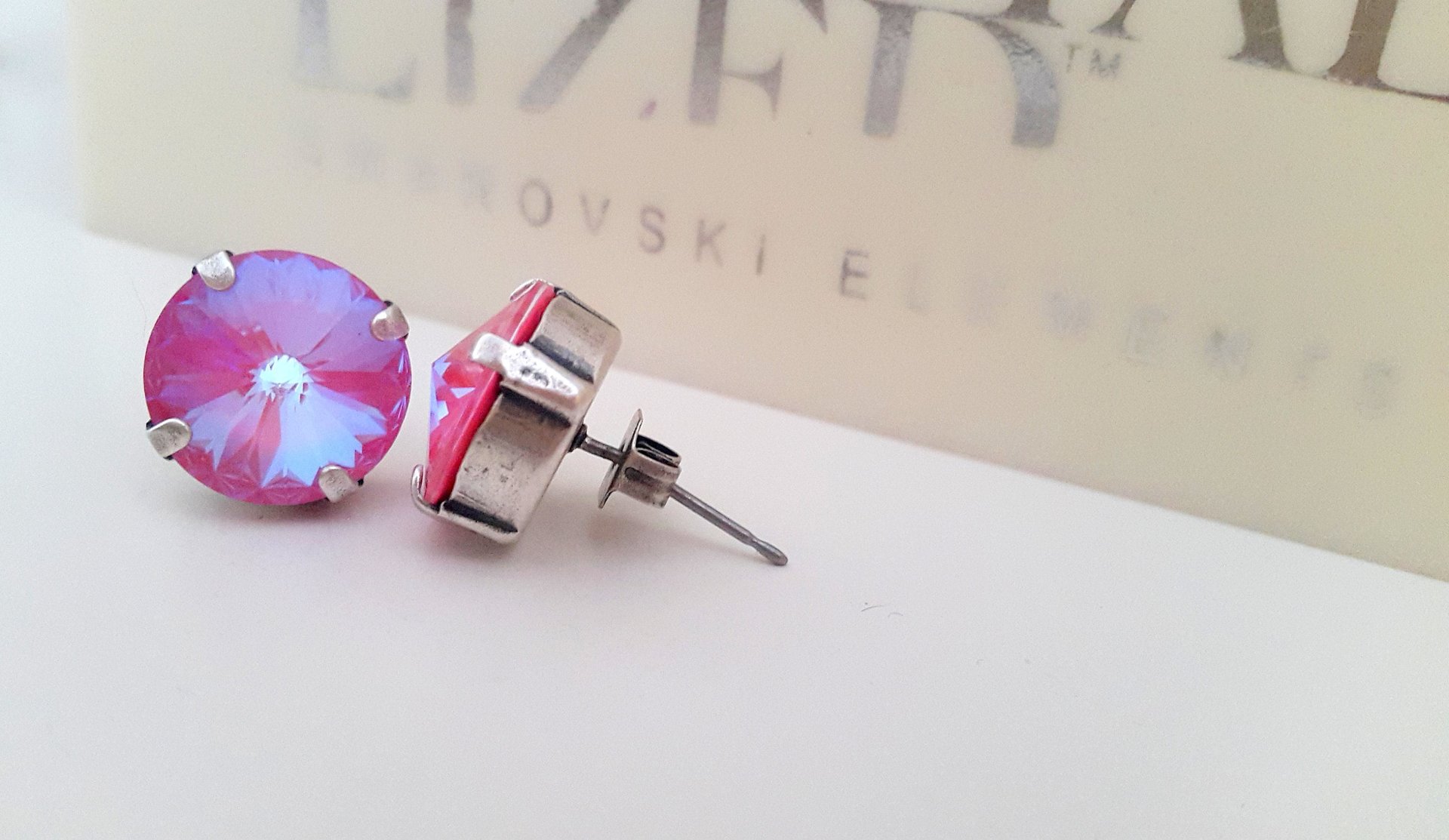 Lotus Pink DeLite Crystal Rivoli Stud Earrings 12mm, Antique Silver Jewelry, Mum Christmas Gift, Pierced Post Setting