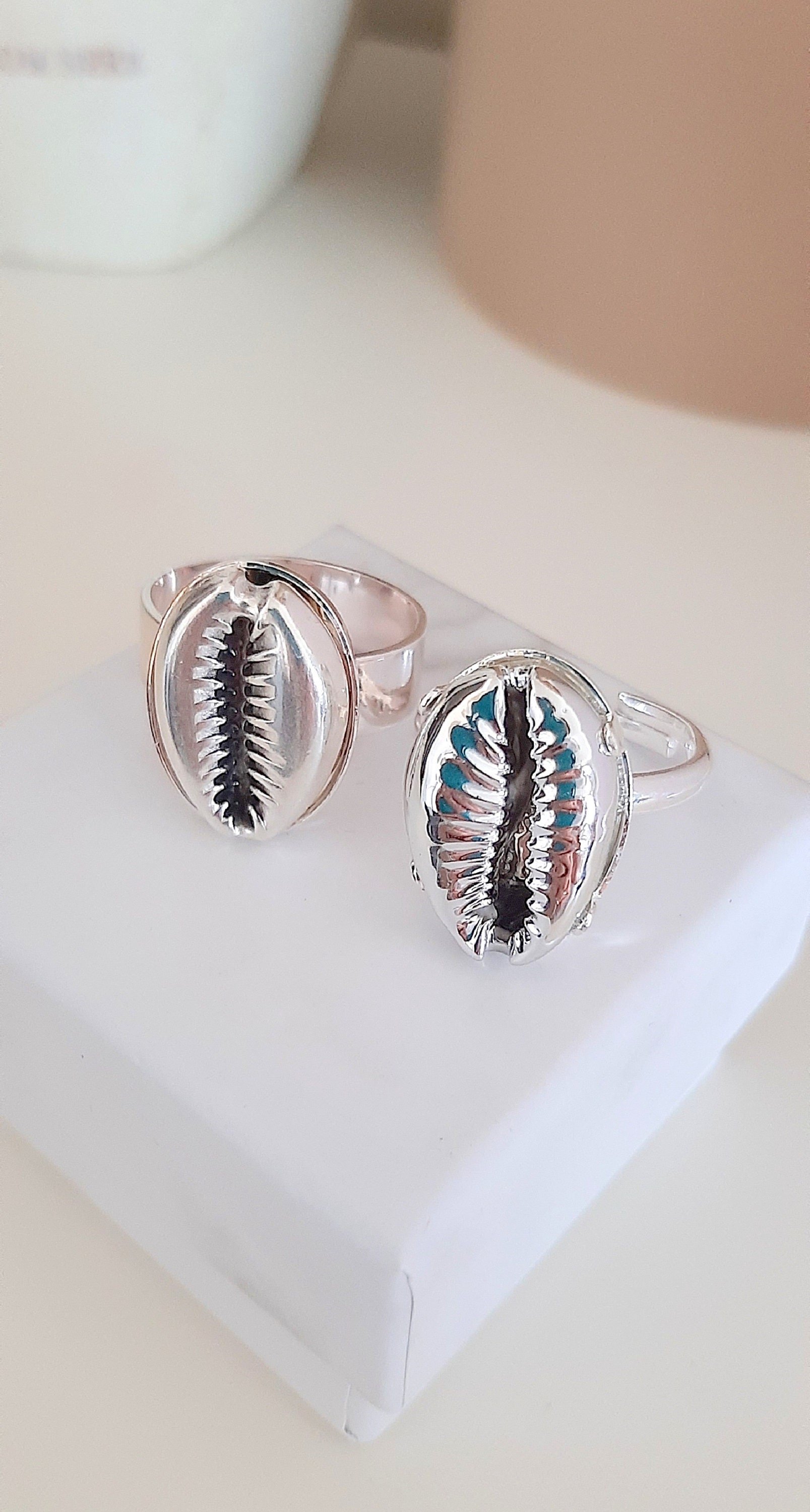 Silver Cowrie Shell Cuff Ring • Cauri Adjustable Statement Band • Women Bohemian Jewelry • Oval 13x18mm • Birthday Gift