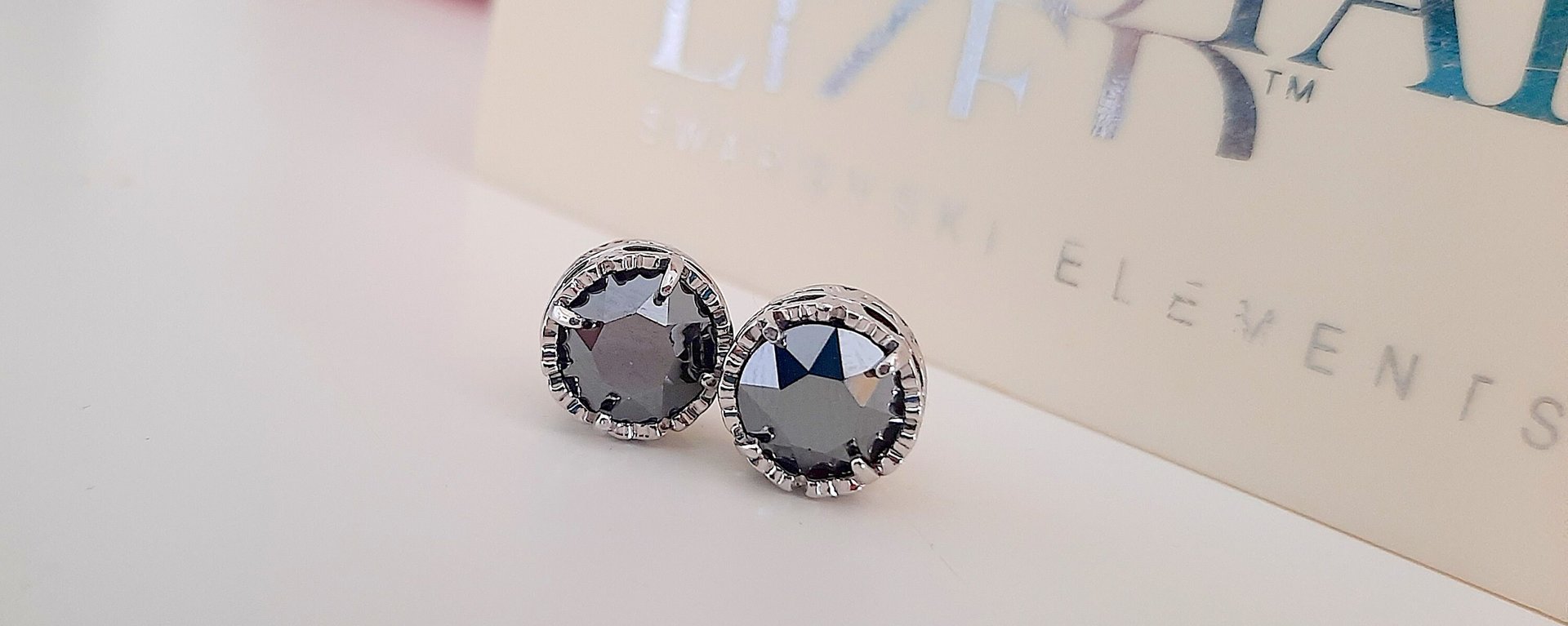 Hematite Black Post Crystal Earrings, Surgical steel Studs, Pierced Platinum Filligree Jewelry, Girlfriend Birthday Gift