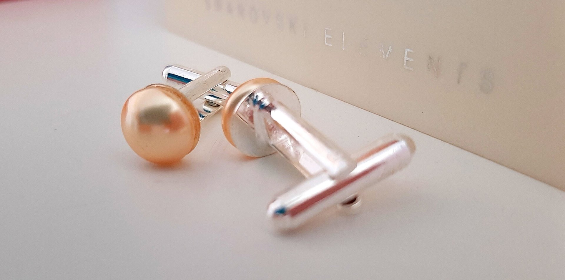 Rose Gold and Peach Pearl Shirt Cufflinks, Minimalist Fashion Cuffs, Jewelry for Mom, Platinum Cuff Fasteners