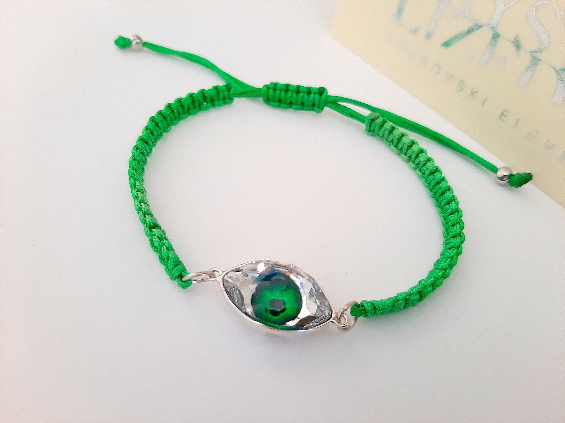 Green Evil Eye Crystal Macrame Adjustable Bracelet • Fern Green Crystal 4775 • Silver Cabochon Women Jewelry