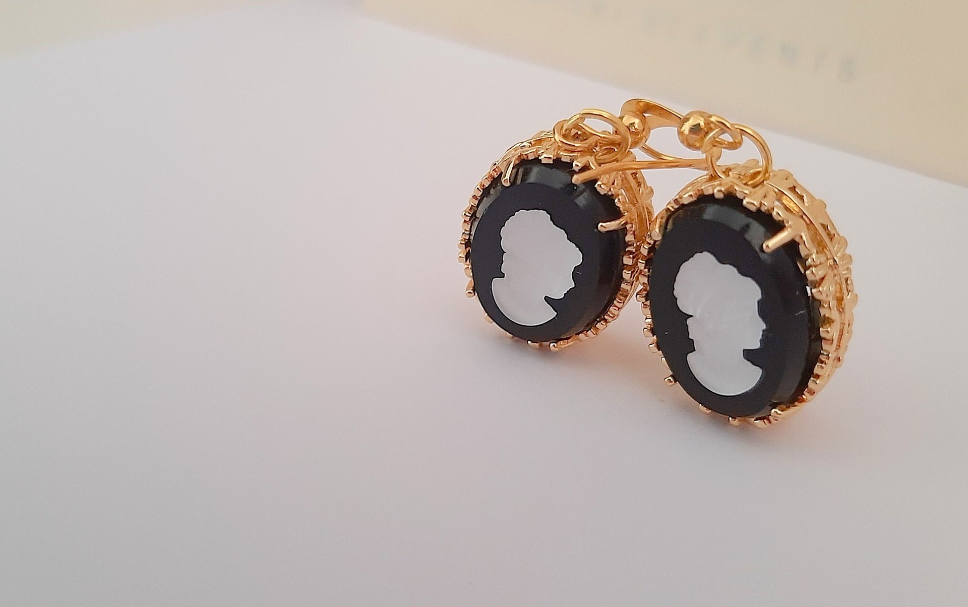 Black Cameo Crystal Drop Bridgerton Style Earrings, Victorian Czech Intaglio 3D, Regency Jewelry, Oval Filigree, Anniversary Gift