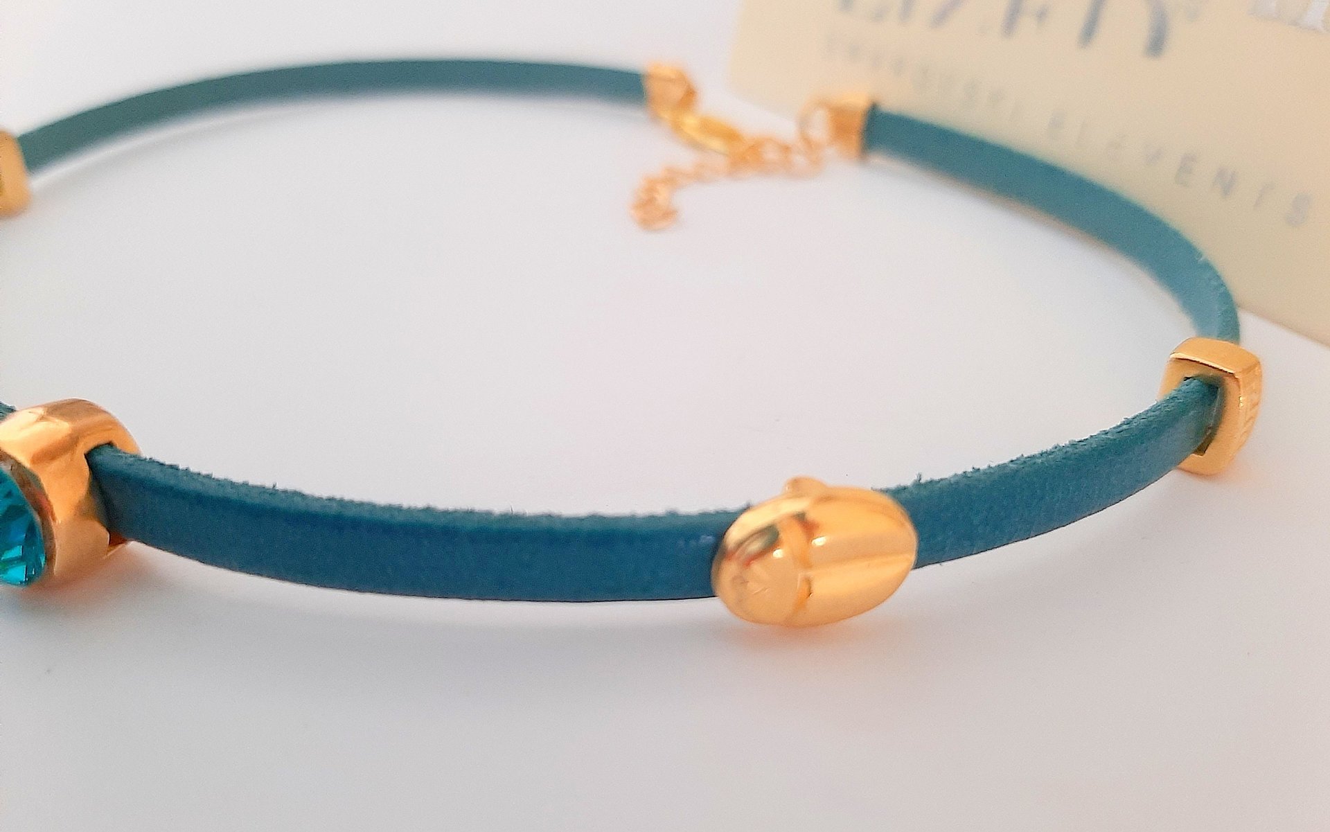 Turquoise Leather Choker Necklace with Teal Crystal, Gold Charm Summer Choker, Bohemian Everyday Jewelry, Unique Birthday Gift