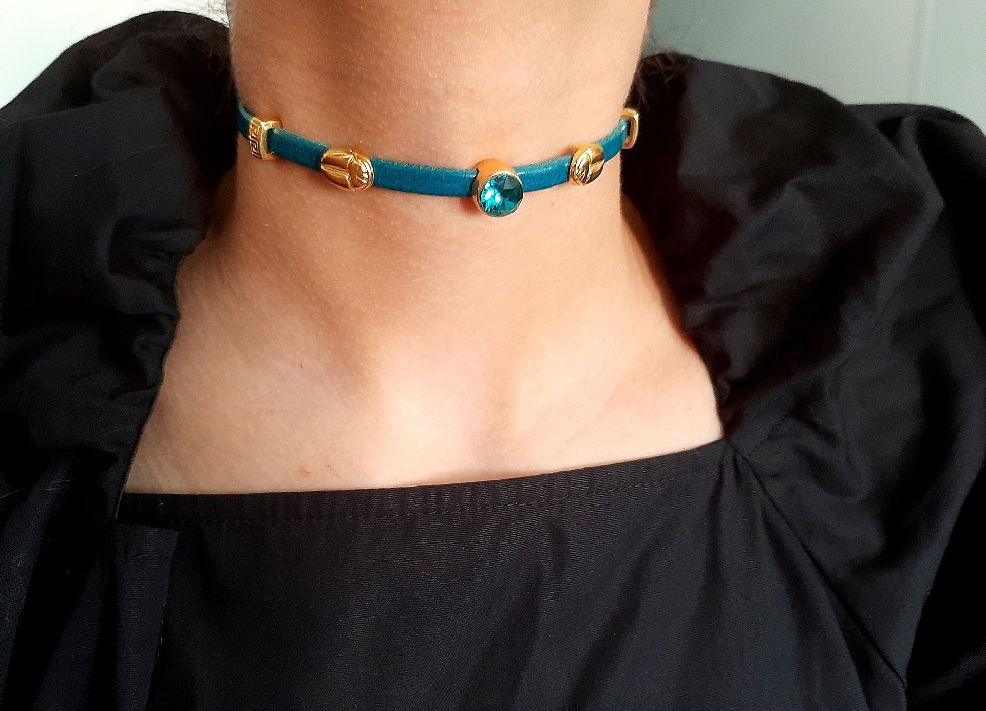 Turquoise Leather Choker Necklace with Teal Crystal, Gold Charm Summer Choker, Bohemian Everyday Jewelry, Unique Birthday Gift