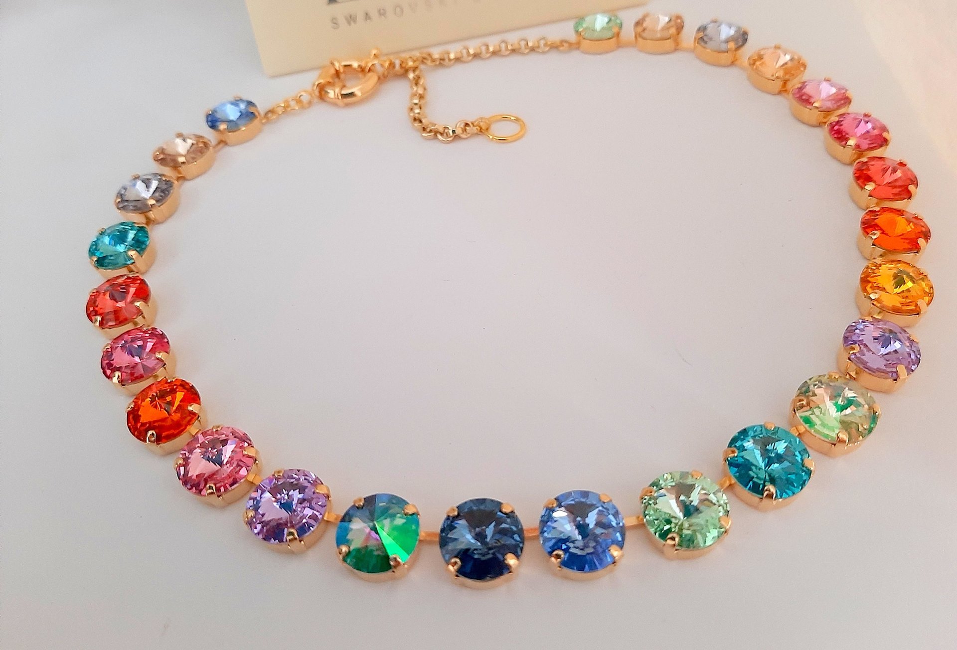 Anna Wintour Rainbow Rivoli Crystal Necklace, Tennis Colorful Choker, Multi color Gold Collet, Jewelry Gift for Women