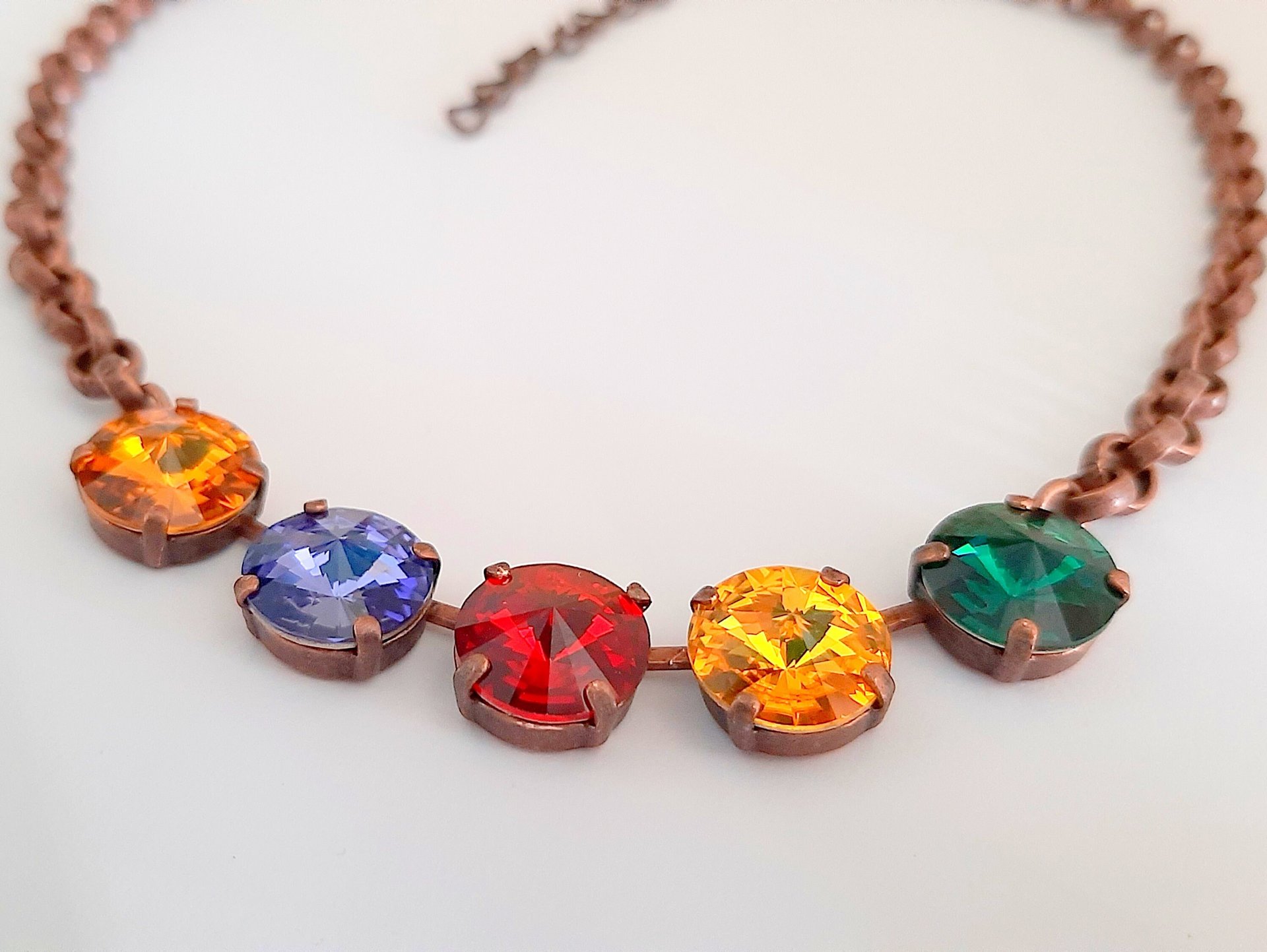 Multi-color Rivoli Crystal Chain Necklace, Anna Wintour Style Cup Chain Choker in Antique Copper, Jewelry Women Gifts