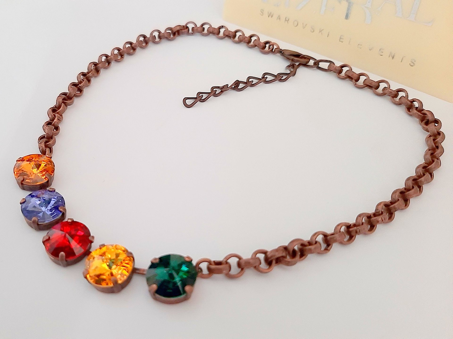 Multi-color Rivoli Crystal Chain Necklace, Anna Wintour Style Cup Chain Choker in Antique Copper, Jewelry Women Gifts