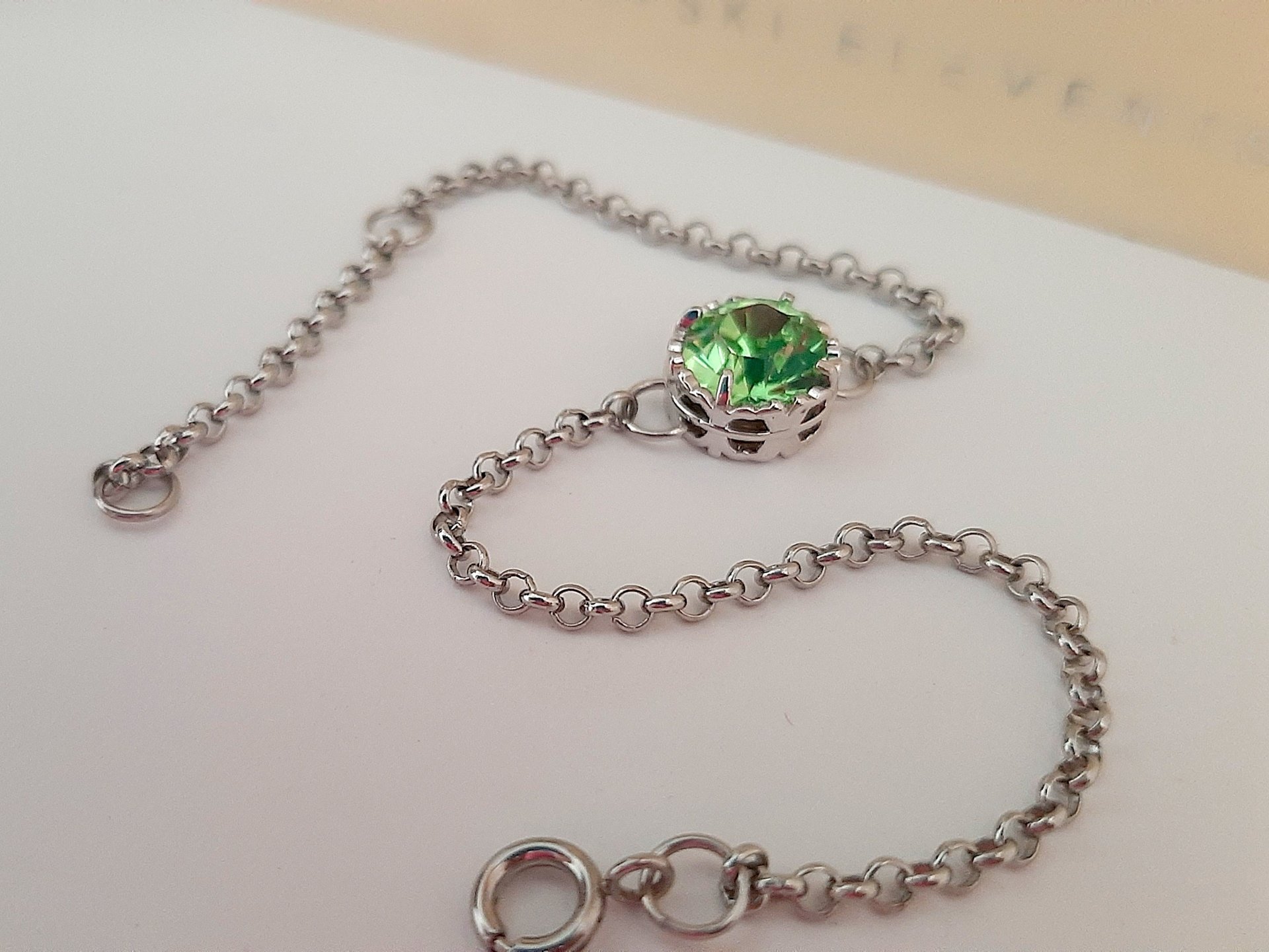 Peridot Filigree Chain Bracelet with Crystal Chaton / Green Art Deco Jewelry / Stainless Steel / Christmas Gift for her